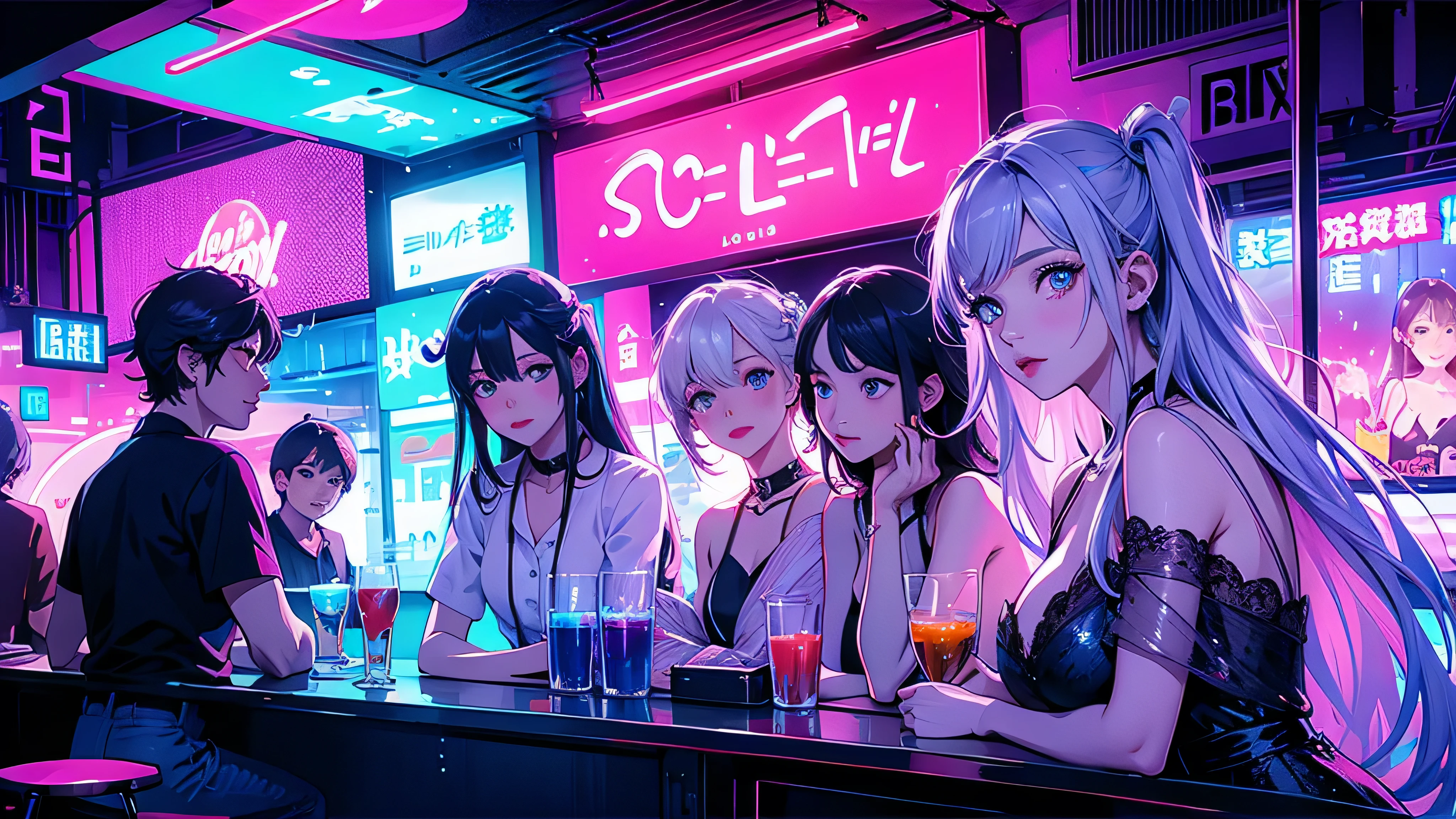 4 girls 、(Black gyaru & White gyaru:1.3, gyaru:1.2, Mischievous Smile), glad、Smiling、one eye closed、put out the tongue、、Tsundere、、（Akkanbe）, Chilarism、(nightclub:1.5, nightclub lady:1.2, Nightlounge:1.2, lounge girls:1.3, neon Light and Dark)、Upper body portrait、drink alcohol、Drunkards、Fun atmosphere、sexy lady、