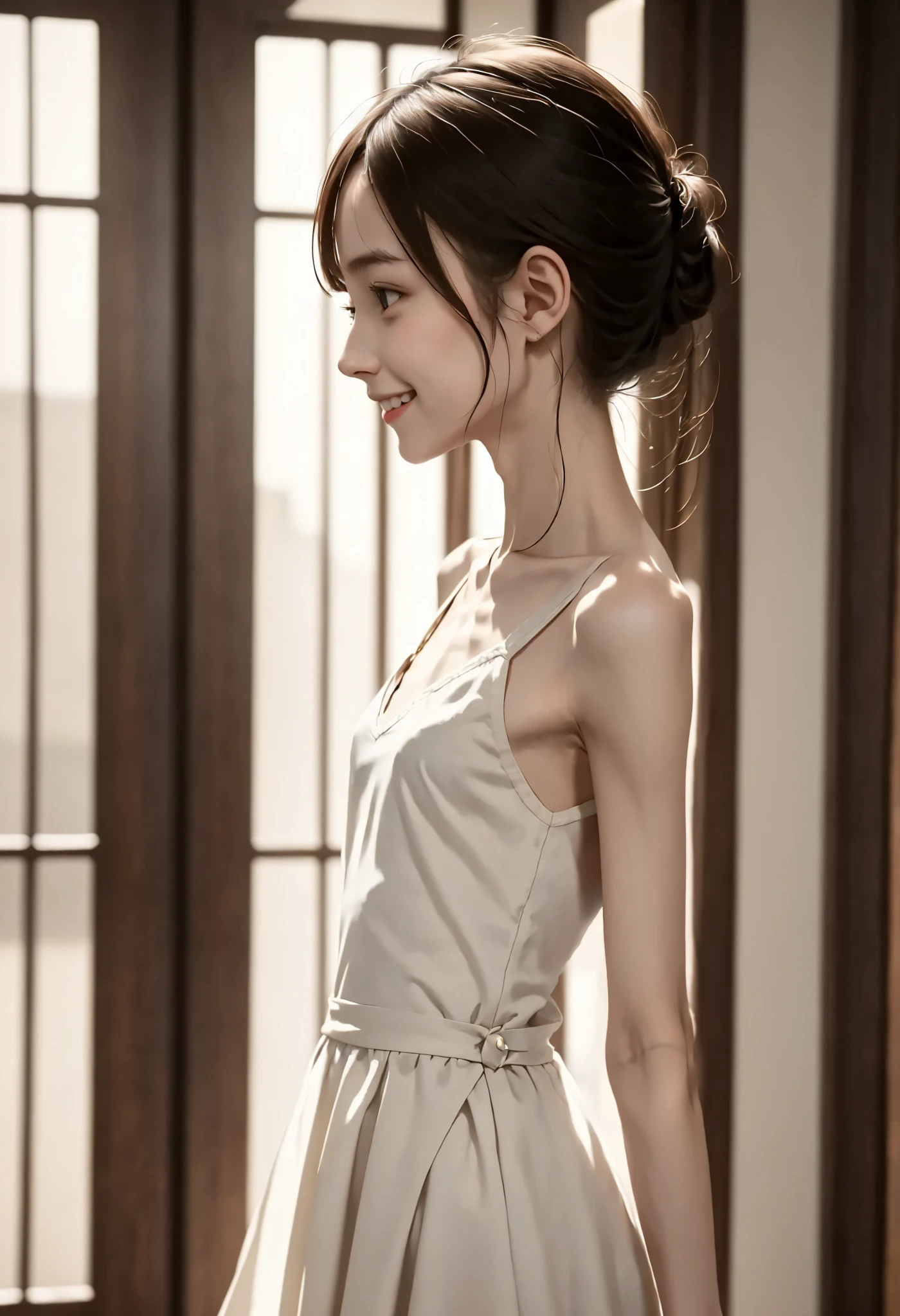  s,Thin arms,Narrow shoulders,delicate,公式art,4K,8k, super detailed,beautiful,masterpiece, best quality, Darkness, vibe,Romanticism,literature,art,fashion, victorian , race,smile, shot from the side