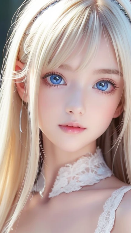 highest quality、8K Masterpiece、Ultra-high resolution、(Realistic:1.3)、RAW Photos、 girl of Scandinavian descent with shiny blonde hair、Silvery blonde hair、Super long straight hair、Bangs between the eyes、bangs over eyes、片bangs over eyes、Bangs between the eyes、White and lustrous skin、1. Cyberpunk Super Beautiful Soldier、((Ultra-Realistic Details))、Portraiture、Global Illumination、Shadow Realm、Octane Rendering、8K、Super sharp、Metal、Cold colors、、Very intricate details、Realistic Light、CG Association Trends、Very beautiful, large light blue eyes、Very big eyes、Eyes shining towards the camera、Neon Details、Small Face Beauty、Round face、Cheek highlight