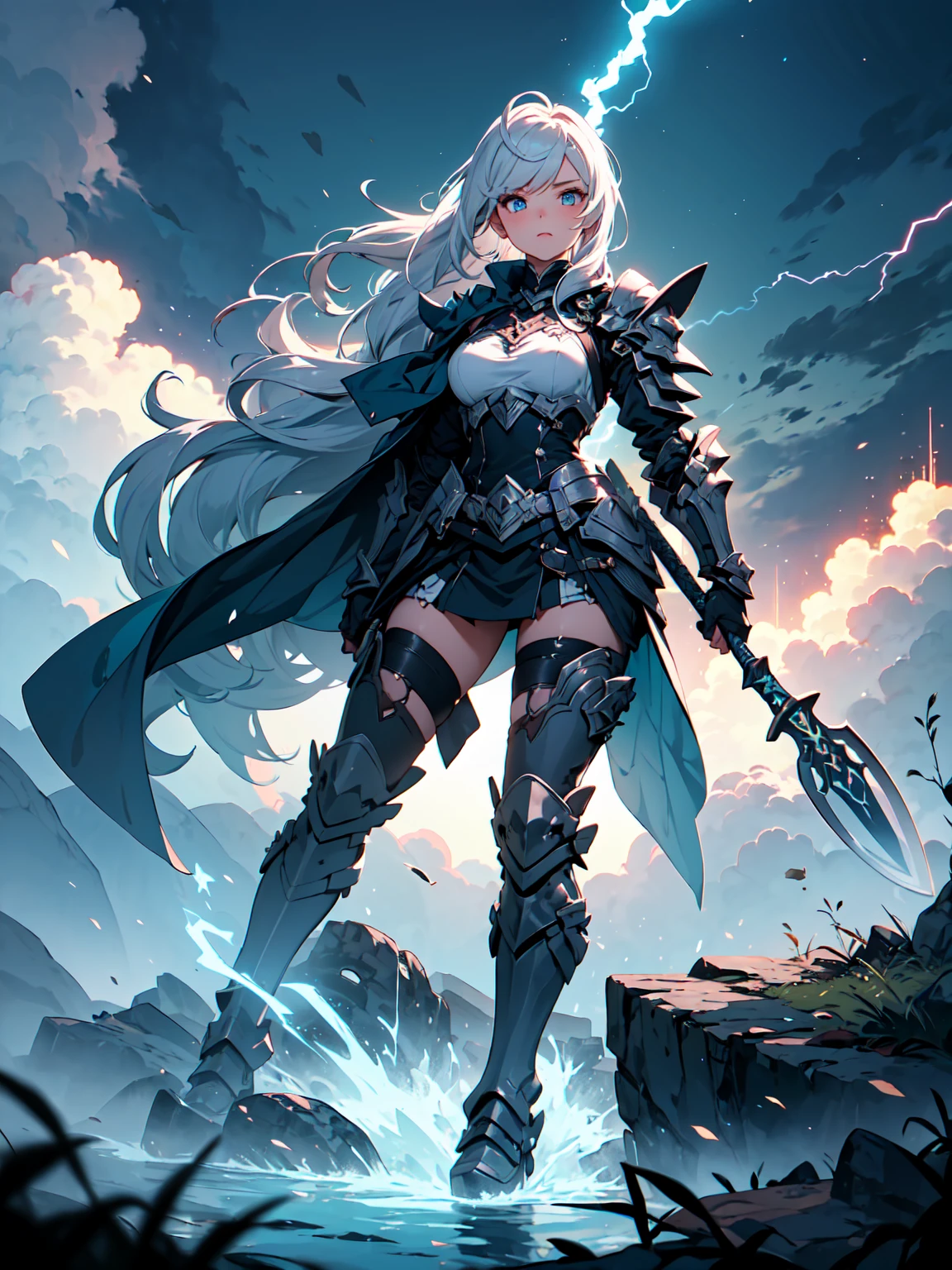 a stormy rainy day, 1girl, anime style, wearing knight's armor, holding a very large black scythe, white hair, purple eyes, blood soaked, beautiful detailed scythe, full body shot, solo, battlefield background, dramatic lighting, cinematic composition, 8k, highres, masterpiece