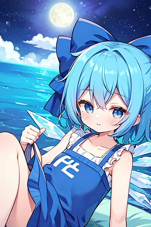 Girl、Blue hair short、bikini、Embarrassed