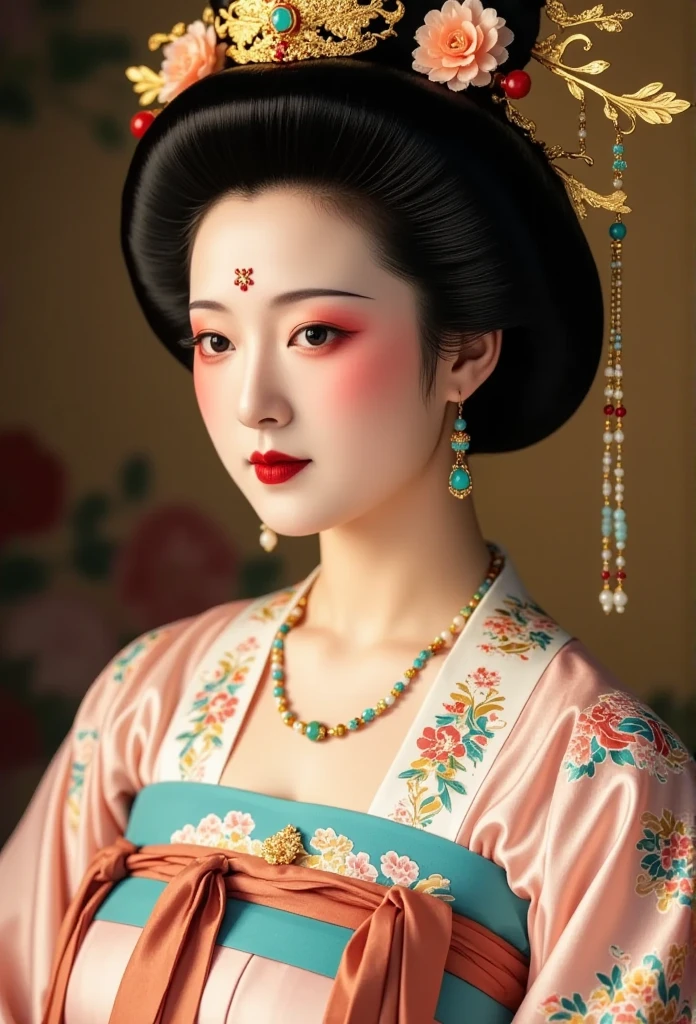 a close up of a woman in a kimono dress with a flower in her hair, an ultrafine detailed painting inspired by Gu An, trending on cg society, cloisonnism, hanfu, palace ， a girl in hanfu, wearing ancient chinese clothes, ancient chinese princess, ancient asian dynasty princess, beautiful render of tang dynasty, ancient china art style