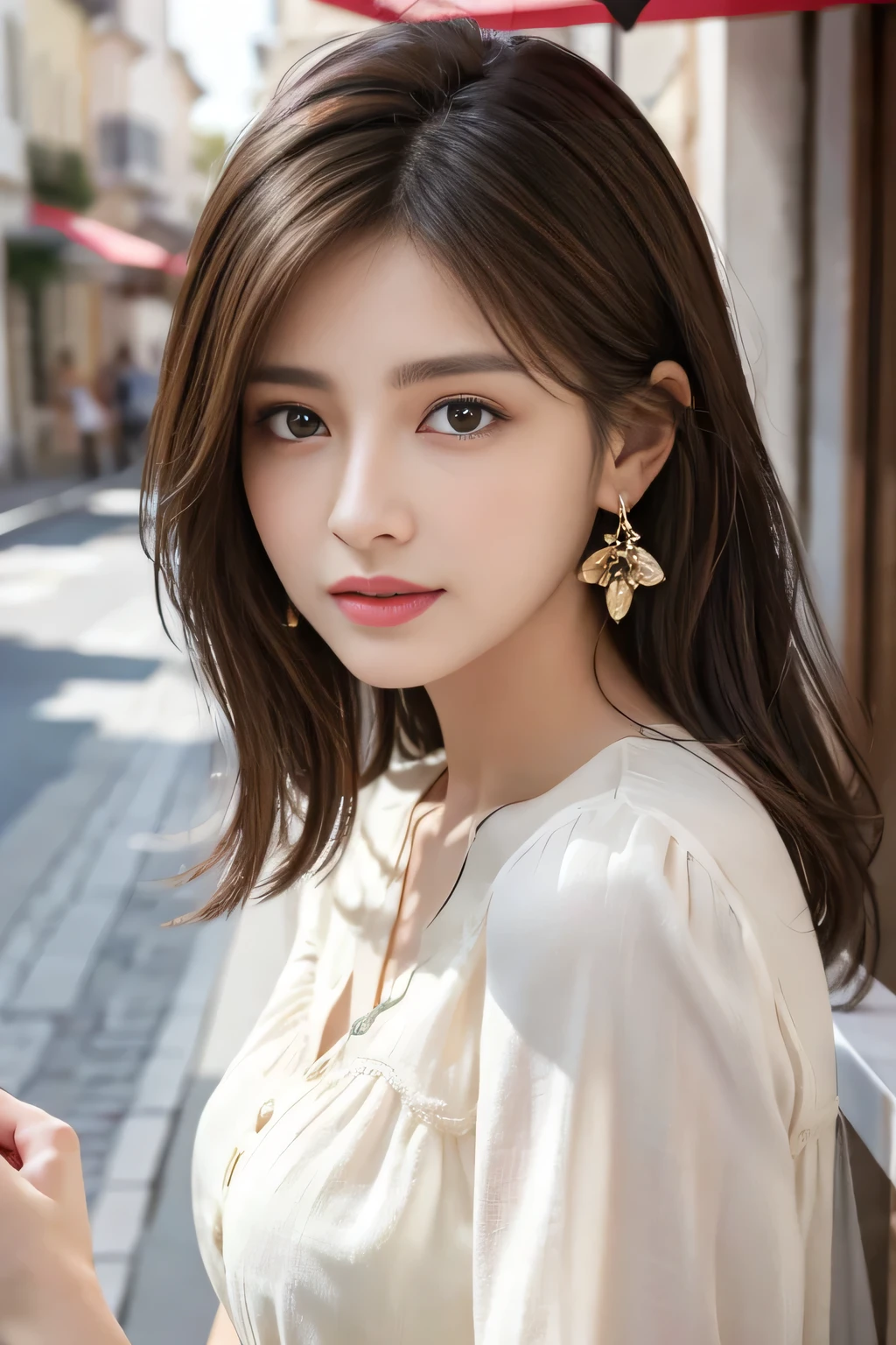 A close up of a woman with a white shirt and earrings - SeaArt AI