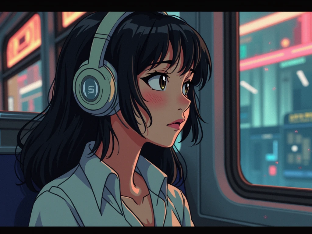 night、Girl listening to music in a cozy room, Use headphones, 2D Style Anime,  Rain outside the window、Analog Color Theme、Ghibli style、neon, naked, completly naked, close up, detailed background, chill, detailed outdoor, detailed face, city light