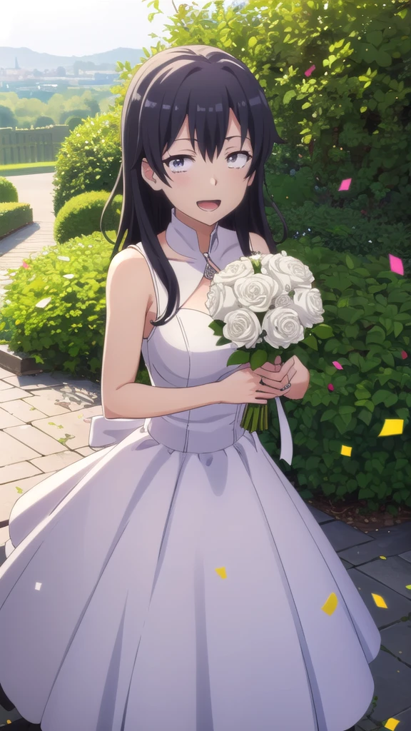 masterpiece, best quality, girl, solo, looking at viewer, hachiman hikigaya, black hair, black eyes, large breasts, wedding Dress, standing, garden, confetti, holding bouquet, smile, open mouth,