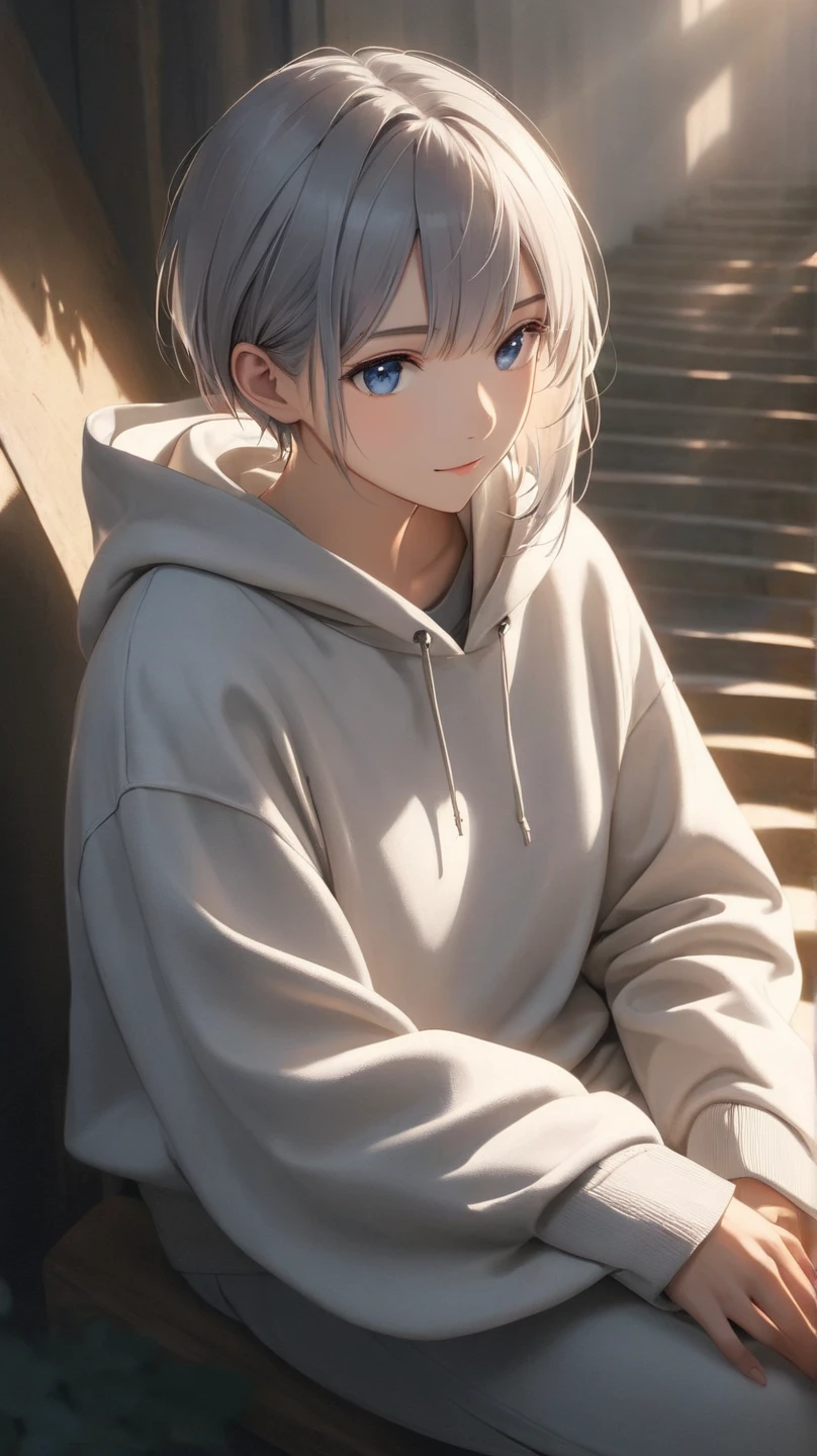 A young woman with short, slightly tousled light gray hair with a faint bluish tint, sleek and casual hairstyle with soft layers, boyish and androgynous charm, calm and introspective, short textured bangs, layered and tousled long nape, asymmetrical bangs, soft side-swept fringe, modern and minimalistic style, wearing an oversized hoodie and relaxed-fit pants, ethereal and mysterious atmosphere, serene and gentle smile, cinematic lighting, vibrant colors, beautiful detailed face and eyes. Wide shot, seated pose on stairs, hands resting naturally, calm and relaxed, low angle, natural lighting, slim figure.
