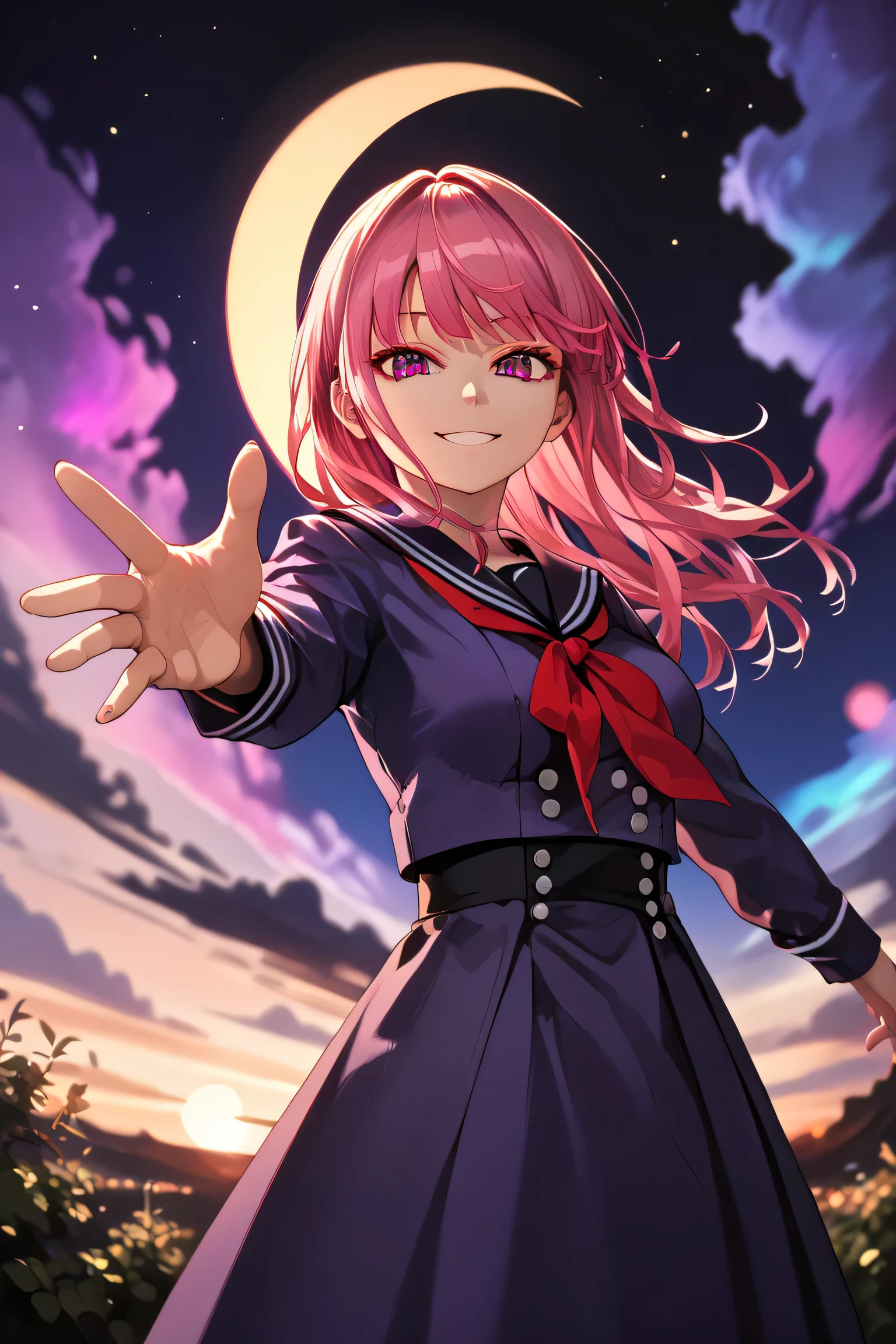 masterpiece, best quality, amazing quality, very aesthetic, high resolution, ultra-detailed, absurdres, newest, scenery, colorful, rim light, backlit, dynamic from below dutch angle, highest detailed, upper body, cosmic sky, aurora, chaos, fashion photography of busty cute girl, (cute:1.2), intense long pink hair, long hair, rimlight (purple:0.7) nebulae cosmic eyes, dynamic pose, bokeh, purple serafuku with big red ribbon, (red annular solar eclipse:1.3) passing through hair, perfect night, fantasy background, looking at viewer, light smile, perfect hand, reaching, (colorful light particles:1.2), (face focus:0.7), BREAK, hands, fingers, eyes, detailed background, detailed foreground, extremely detailed eyes, masterpiece, best quality, amazing quality, very aesthetic, high resolution, ultra-detailed, absurdres, newest, scenery, depth of field, volumetric lighting