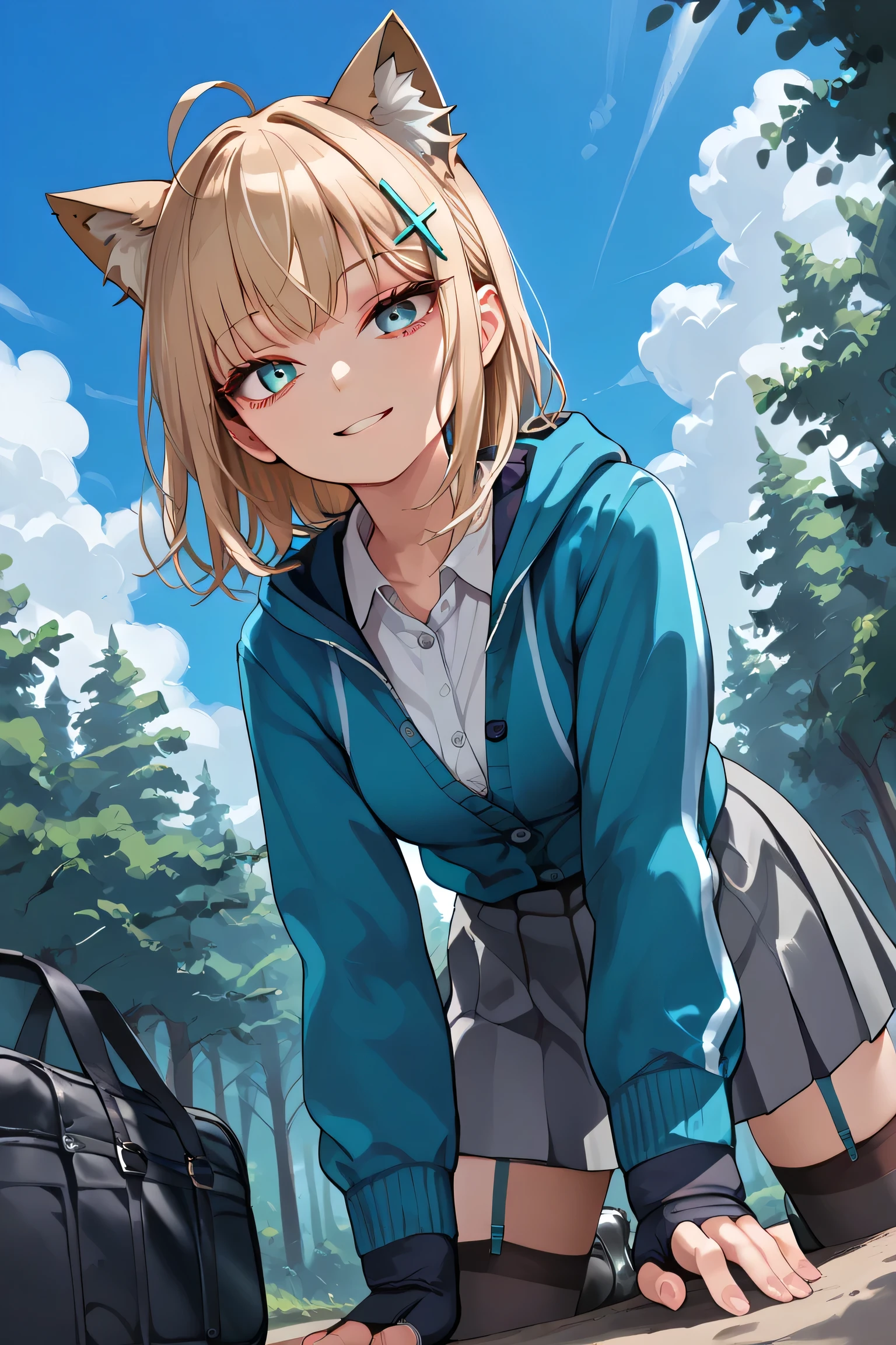 masterpiece, best quality, very aesthetic, absurdres, BREAK
1girl, solo, from below, looking at viewer, School, scenery, shiroko \(blue archive\), expressionless, :o, :d, ahoge, all fours, bag, black footwear, black ribbon, black skirt, black thighhighs, blue jacket, blue sky, blush, bright pupils, buttons, cloud, cloudy sky, day, dress shirt, dutch angle, fingernails, forest, garter straps, gloves, grey footwear, grey dress, grey shirt, grey skirt, head tilt, hood, hood down, hooded jacket, jacket, long sleeves, nature, outdoors, parted lips, pleated skirt, ribbon, school uniform, shirt, skirt, sky, smile, thighhighs, white shirt, wolf ears