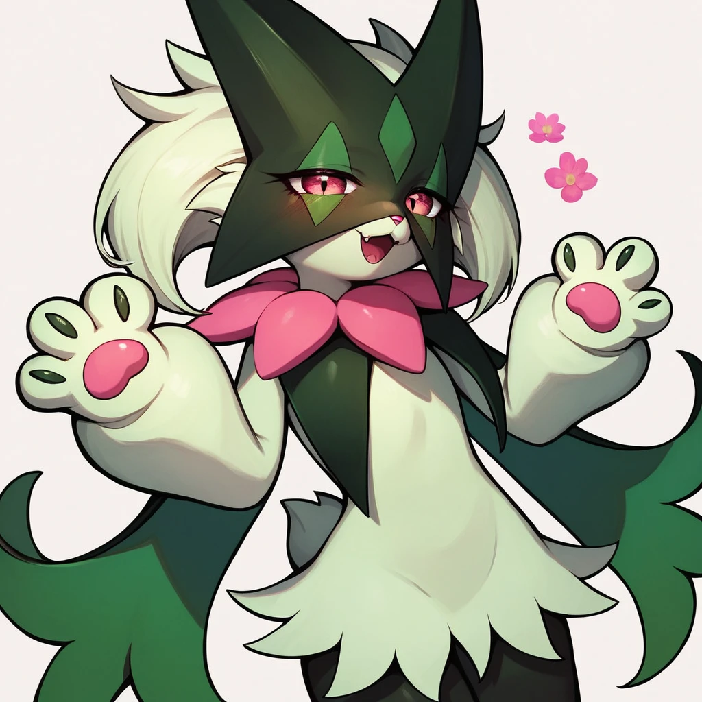 Solo, score_9,score_8_up,score_7_up, source_furry, meowscarada from Pokemon, tall slender body, furry body, eyes half open, medium breasts, bashful pose, hands behind her back, standing outdoors, lush green environment, on her knees, sitting in a field of flowers