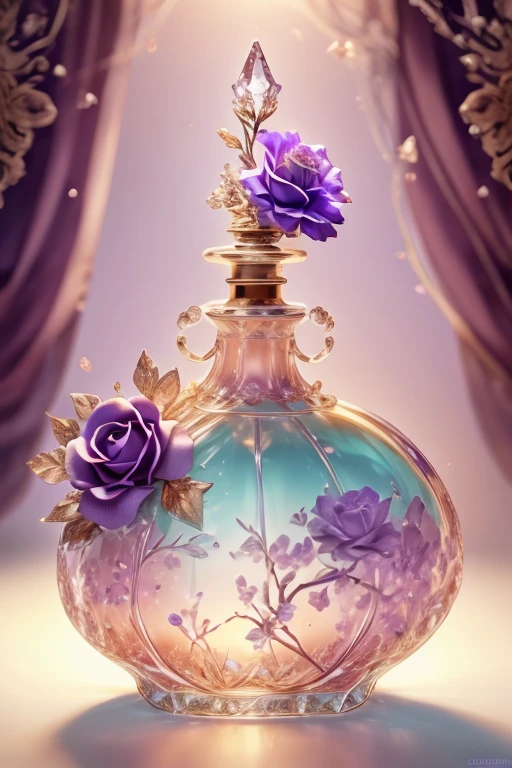  realistic gothic rose flower with water、A glittering fairy dances、Purple Background、Delicate golden light 、  beautiful perfume bottle、　 High Quality 、Exquisitely crafted 、 greatest masterpiece