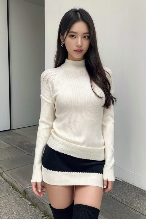 face is :9,503917907], Real 19-year-old college girl from upper class、Wearing a knitted dress、 (Wearing pantyhose、Very realistic pantyhose)、(Skirt and thighs)、165 cm tall, Japanese Models, Short Layer Hair、japanaese girl, Neat and clean Japan woman, A smile、Smile、goddess of Japan, Innocence、Realistic Pantyhose、Raw photo, (8K、top-quality、​masterpiece:1.2)、(intricate detailes:1.4)、(Photorealsitic:1.4)、octane renderings、Complex 3D rendering ultra detail, studio lights, Rim Lights, vibrant detail, super detailing, Realistic Pantyhose、realistic skin textures, Detail Face, Beautiful detail eyes, Very detailed CG Unity 16k wallpaper, make - up, (detailedbackground:1.2), shinny skin、turned around、Exposed thighs!!!