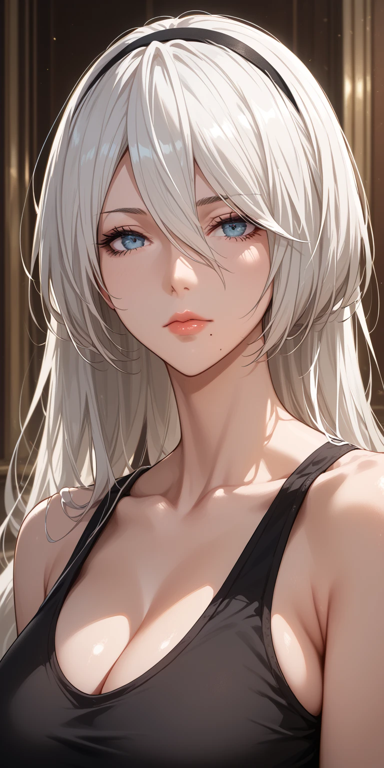 Score_9, Score_8_up, Score_7_up, Source_anime, anime art, anime style, very aesthetic, masterpiece, high quality, 1girl, badass mature woman, milf, curvaceous, mole under mouth, black tank top, white hair, long hair, hair between eyes, expressionless, 2b, yorha no. 2 type b, home, soft light