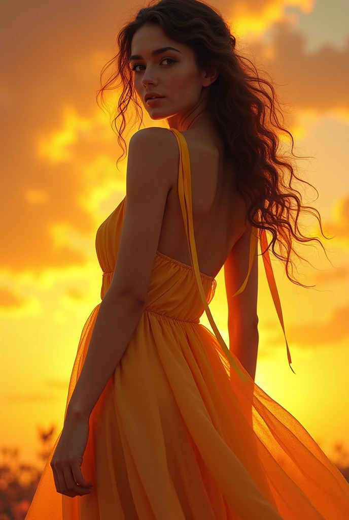 Créer une image de haute qualité 16k, photo réaliste, tres longue pause, photo kodak, objectif canon 85mm ,vu de très haut, plan large, avec une femme, Sydney Sweeney, habillée avec une jupe cocktail longues jaune royal très longue , un pas avance donnant l'impression d'un mouvement arrêté dans le temps se déplaçant subtilement avec le mouvement de ses pas, brise de vent, ouverte sur les cuisses, des bottes haute noir, un décolleté en "V" faisant apparaître ses seins, elle est coiffée d’une couettes longue tombant sur une épaules et sa chevelure est châtain avec des meches qui tombent sur le visige, elle porte sur la tête un chapeau haut de forme victorien rouge pailleté et noir, ornementé. aire déprimé, immense esplanade avec immeuble bureaux derrièr les yeux vert perçant. L'un de ses pieds est légèrement avancé, comme si elle était en train de faire un pas en avant vers la camera. Temps sec, petite lunette de soleil ronde a cheval sur le nez. Au soleil couchant. L'ensemble de la scène capture un moment de puissance, de détermination.