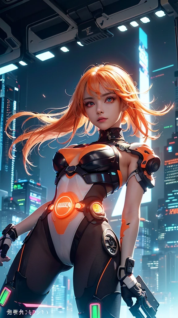(sfw), complex parts, 1 Girl, night, (vivid neon colors), ((flying over a futuristic cyberpunk city)), detailed background, (Little Cyborg Girl, ((Cute perfect face, Bright glowing red eyes)), (perfect anatomy, small firm breasts), (Absurdly long gradient orange and white hair, hair fluttering in the wind)), ribbed bodysuit in impossible color, shoulder armor, Cybernetic limbs, dynamic angle, 