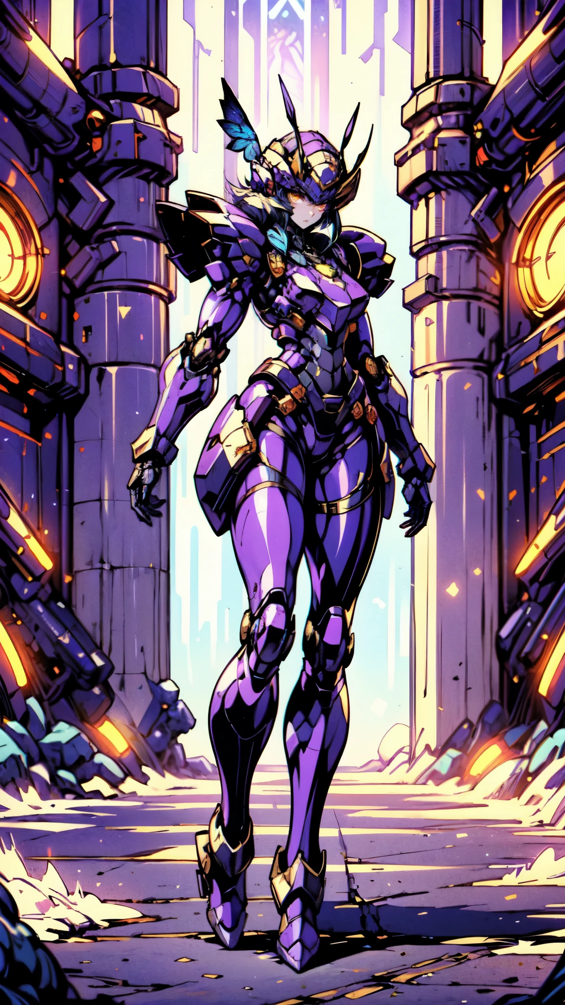 (masterpiece:1.5, best quality:1.5, extremely delicate:1.5), a woman wearing a full-face helmet, high-tech biomimetic armored combat suit, (a composite layered chest armor), the design balances heavy with agility, fully enclosed shoulder guards, matching arm and leg guards, a belt of gemstone, (the color scheme is primarily Purple with White and Blue accents, Organic Biotech, Concept Inspired by queen bee, glowing eyes, armor glows), stand of a futuristic sci-fi city, this character embodies a finely crafted fantasy-style armored hero in anime style, exquisite and mature art style, metallic, high definition, highres, ultra-detailed, ultra-fine painting, professional, perfect body proportions, golden ratio, anatomically correct, symmetrical face, extremely detailed eyes and face, high quality eyes, creativity, RAW photo, UHD, 32k, Natural light, cinematic lighting, (masterpiece-anatomy-perfect:1.2)