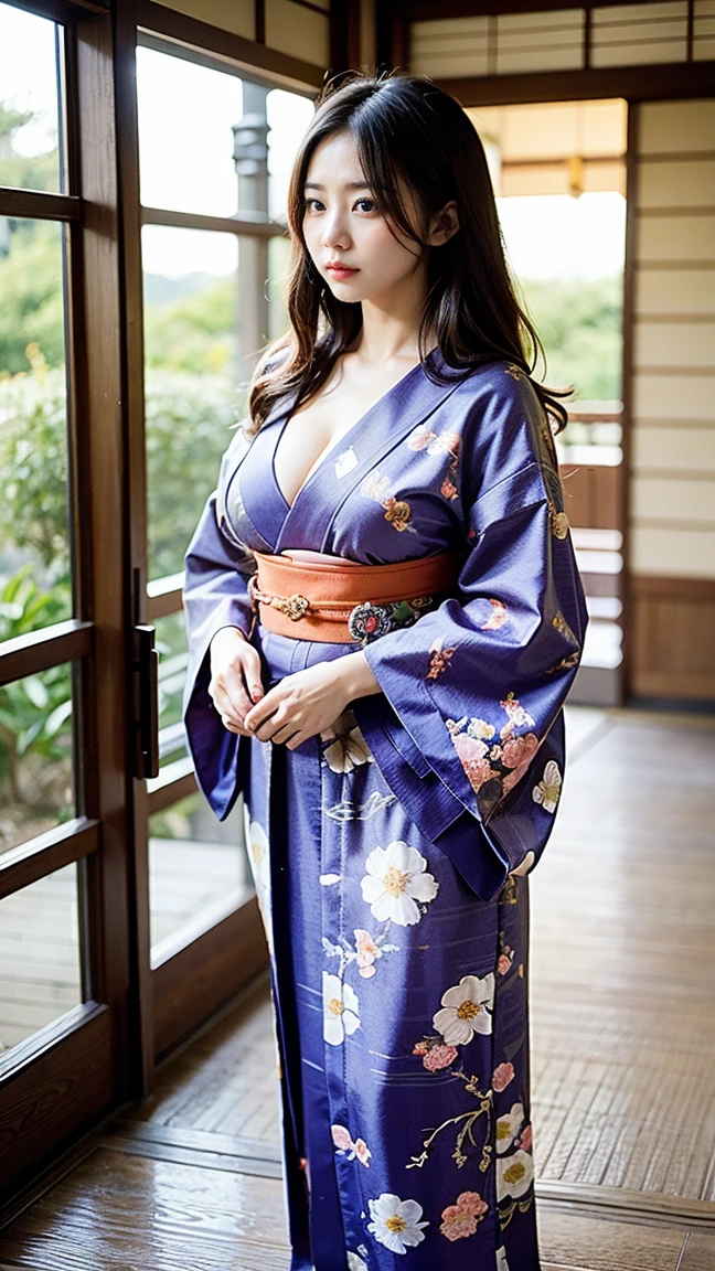 ((Wear a yukata)) 、((Huge:1.2)) 、((qulity:8k、)) 、((Beautie)) 、((40 years)) 、((Emphasizes cleavage))、(((Pose with the whole body))) 、samurai residence garden、