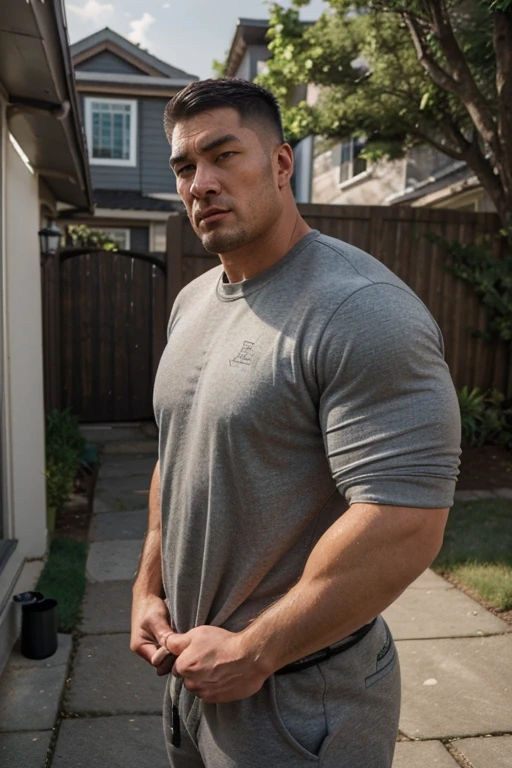 (higher resolution, distinto_imagem), Melhor qualidade, obra de arte, altamente detalhado, realista, A full body photo of a big, wide, muscular and strong bodyguard, bald, no facial hair, serious look, bulging biceps, in the living room