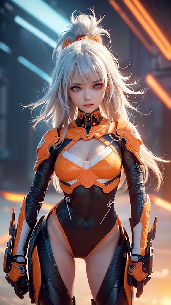 ( Software ),  intricate detail,  1 girl,   knight , (Bright neon colors), ((Flying over a futuristic cyberpunk city)),  detailed background, (Petite cyborg girl, ((Cute perfect face, Bright red eyes)), (  PERFECT ANATOMY  , Petite and firm breasts), ( Strangely Long Gradient Orange and White Hair,   wind blows hair  )), Detailed Unribbed Bodysuit ,  Shoulder Armor,  cybernetic limbs ,  dynamic angle , 