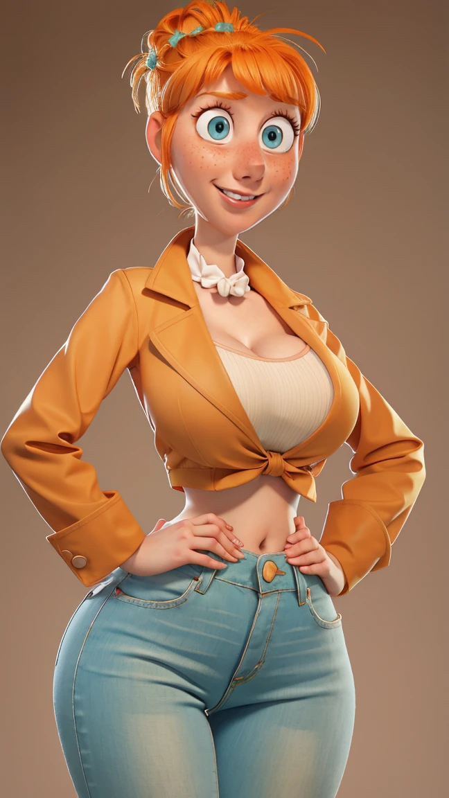  a girl,  Orange hair tied in a bun,  green eyes,  light smile base ,  freckles on the cheeks ,  thin eyebrows,  white collar with bow , teal jacket , pale skin, Standing,  cartoon , (Pixar:1.2), Lucy Wilde, long nose, successes,  tight short jeans , full view of her body ,  wide hips,  Big breasts, fitted top, Camel toe,  Big breasts,  Big breasts, Camel toe,  wide hips