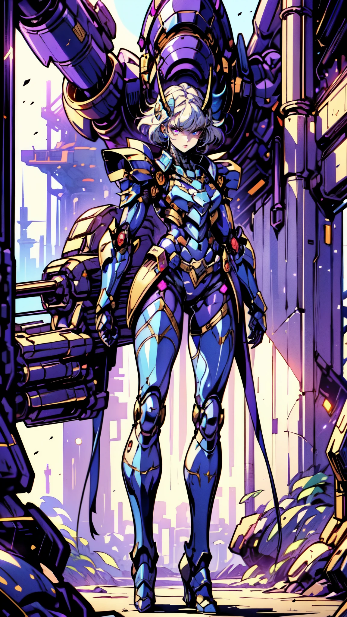 (masterpiece:1.5, best quality:1.5, extremely delicate:1.5), a woman wearing a full-face helmet, high-tech biomimetic armored combat suit, (a composite layered chest armor), the design balances heavy with agility, fully enclosed shoulder guards, matching arm and leg guards, a belt of gemstone, (the color scheme is primarily Purple with White and Blue accents, Organic Biotech, Concept Inspired by queen bee, glowing eyes, armor glows), stand of a futuristic sci-fi city, this character embodies a finely crafted fantasy-style armored hero in anime style, exquisite and mature art style, metallic, high definition, highres, ultra-detailed, ultra-fine painting, professional, perfect body proportions, golden ratio, anatomically correct, symmetrical face, extremely detailed eyes and face, high quality eyes, creativity, RAW photo, UHD, 32k, Natural light, cinematic lighting, (masterpiece-anatomy-perfect:1.2)