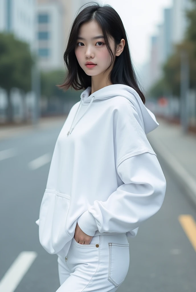 (Sitting on ground,legs up),1girl,pale skin,white long braided hair,delicate face,heterochromia eyes,freckles,(black hoodie,tight linen shorts:1.3),small waist,(wide thigh gap:1.3,wide thighs:1.3),white background,(best quality:1.2,ultra-detailed,realistic:1.37),portrait,soft colors,polished lighting