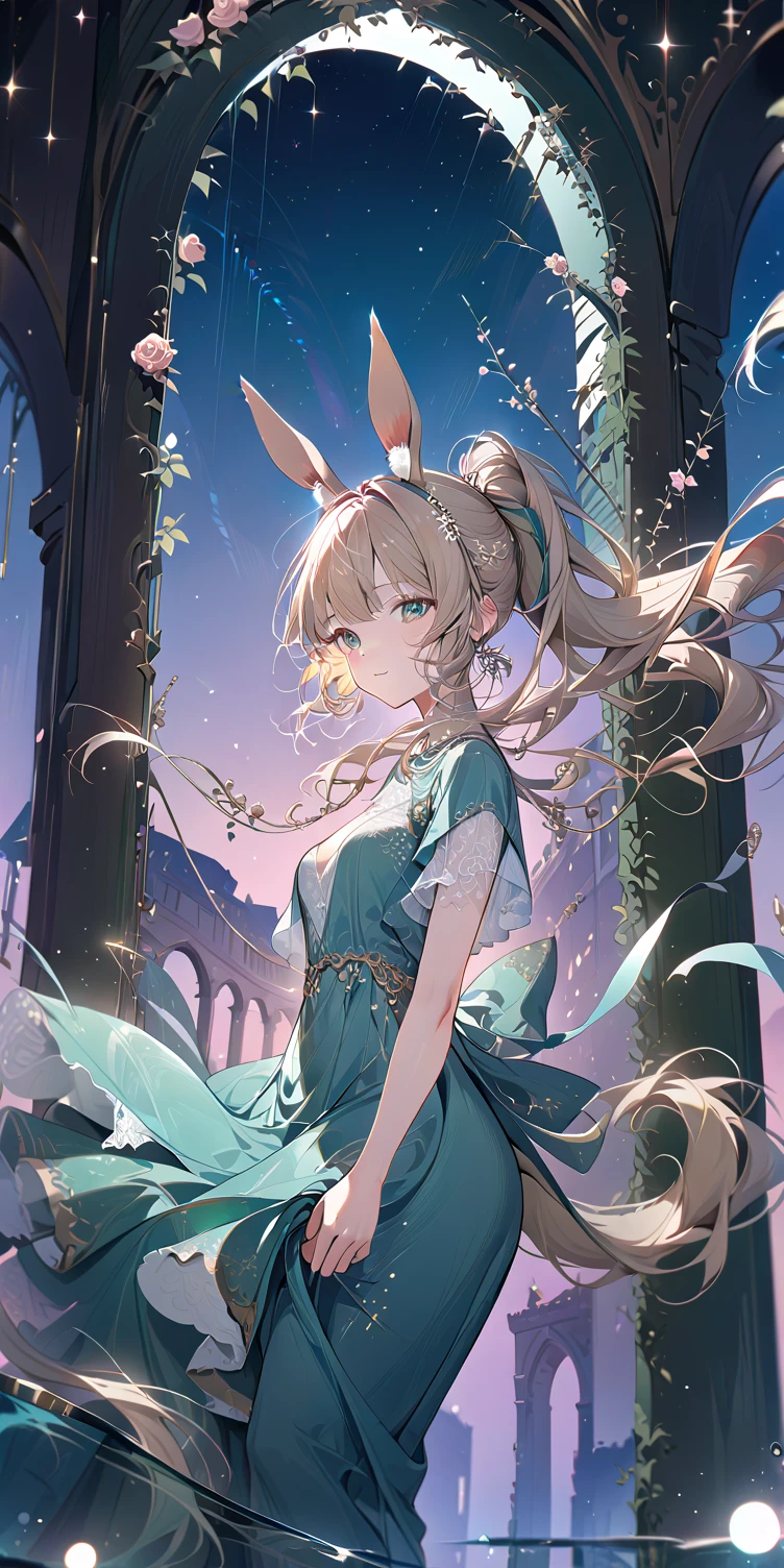 1girl, Rose gold blonde hair, absurdly long wavy hair ponytail, emerald green eyes, rabbit ears, fox tail, small mouth, slender body, large breast, lace long dress, ribbons swaying, white background, An arch of branches with blooming light pink flowers crosses over a transparent water surface, their colors reflecting on the water, creating a magical scene as you pass through the arch, soft light enveloping everything, evoking a dreamlike atmosphere, contrapposto, gentle smile, look at viewer, soft focus, lens flare, masterpiece, best quality, pastel tones, lace details, ultra-detailed texture, perfect composition, high resolution, sharp focus, delicate brushwork, Vector Art, 2D flat, sleek design, AddXL, Dream Scenery, deep dark tones, vibrant accents, lace-patterned details, simple shapes, flat colors, additional XL elements, and a dreamy, fantastical scenery, 