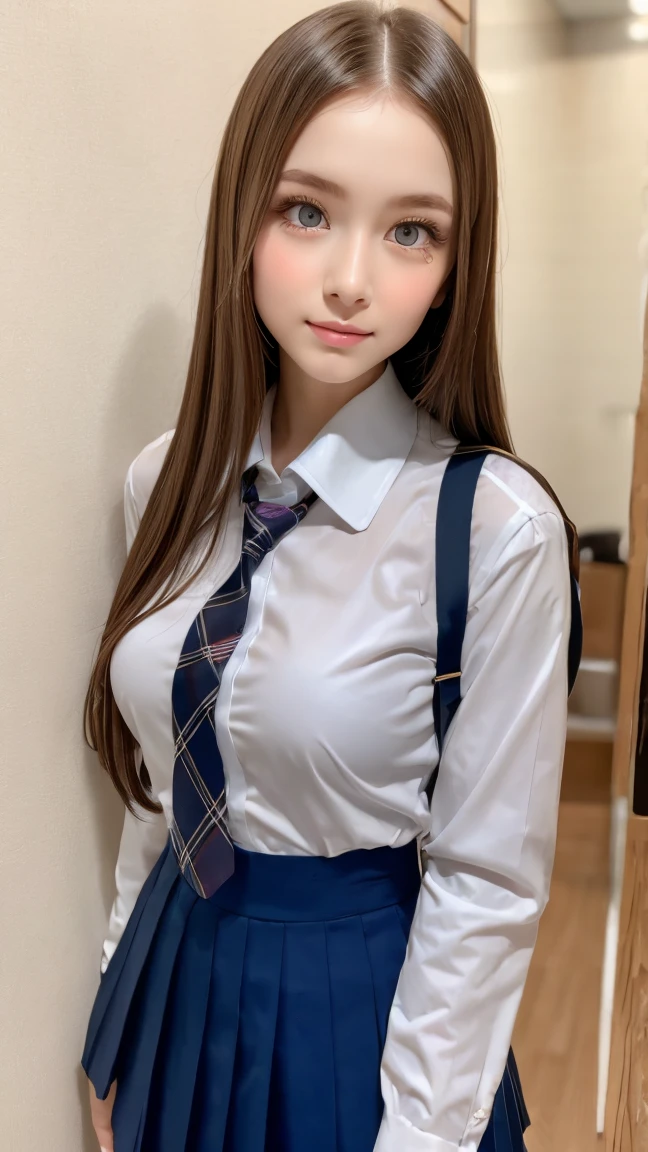 (masterpiece:1.2, top-quality), (realistic, photorealistic:1.4), beautiful illustration, (natural side lighting, movie lighting), nsfw,
looking at viewer, cowboy shot, front view:0.6, 1 girl, japanese, high school girl, perfect face, cute and symmetrical face, shiny skin,
(middle hair:1.6, straight hair:1.2, long sidelocks, blonde hair), parted bangs, blue eyes, long eye lasher, (large breasts:1.1, seductive thighs),
beautiful hair, beautiful face, beautiful detailed eyes, beautiful clavicle, beautiful body, beautiful chest, beautiful thigh, beautiful legs,
((detailed cloth texture, long sleeves white collared shirts, light purple plaid pleated skirt, light purple plaid bow tie, socks)),
(beautiful scenery), evening, riverside, walking, hands on chest, (lovely smile, upper eyes),