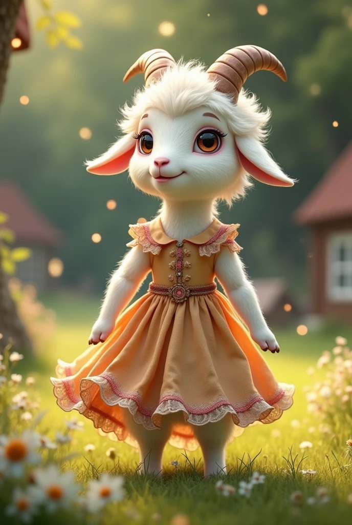 (((anthro))), (((clothed))), cute (((white))) (((anthro))) furry sheep girl, (((white wool))), (((white fur))), (((white hair))), green eyes, medium breasts (((covered))), thick square glasses, short (((deep blue))) boho dress with white lace trim, walking in a field of flowers, smiling, best quality, solo focus, female focus, cartoon