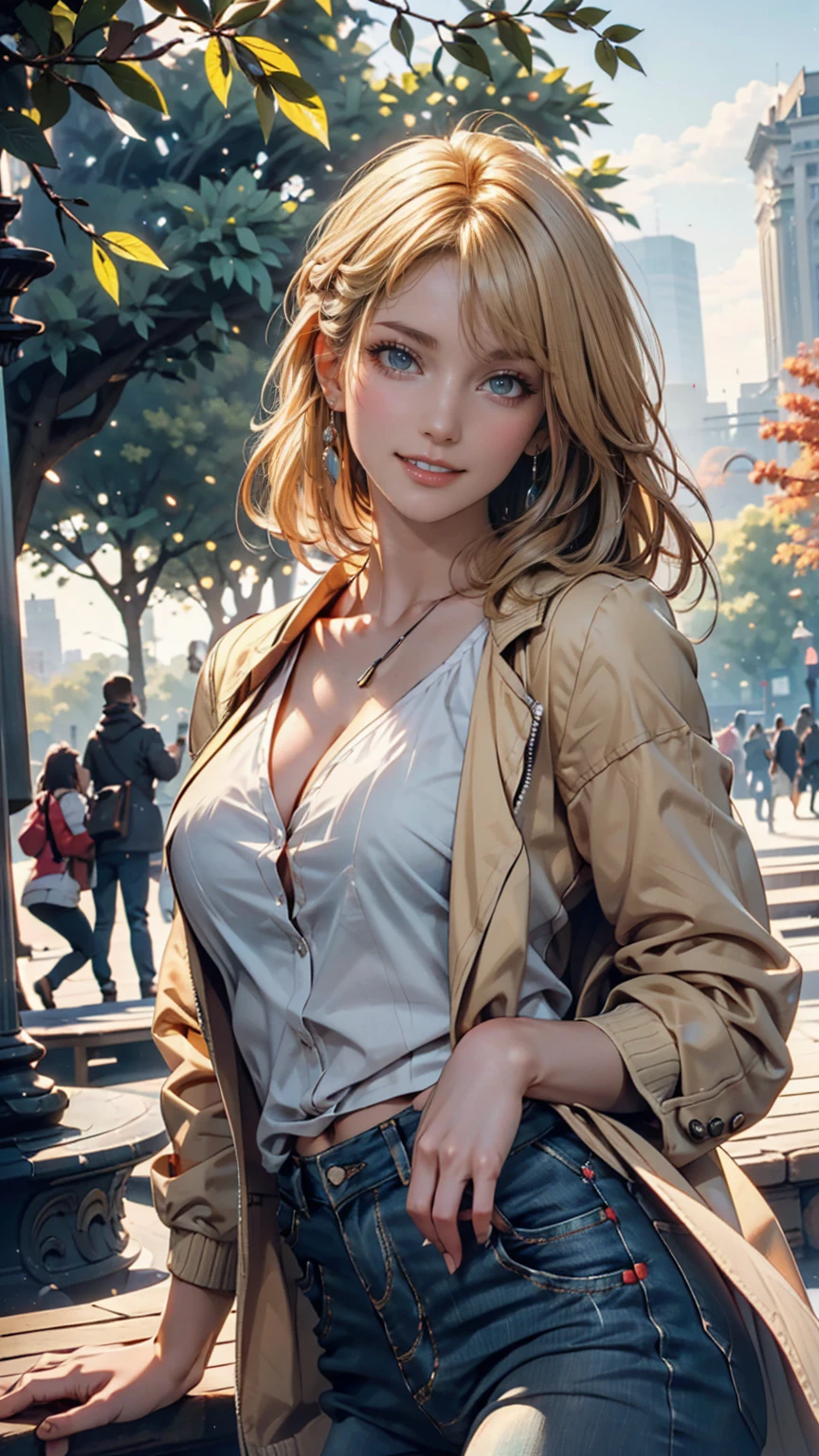 masterpiece, highest quality, One girl, beautiful, Are you okay, delicate, Very complicated, detailed, Blonde Hair, Jacket, blue eyes, ((masterpiece)), extremely detailed, highest quality, High resolution, ((at the park)), Bridget, smile,