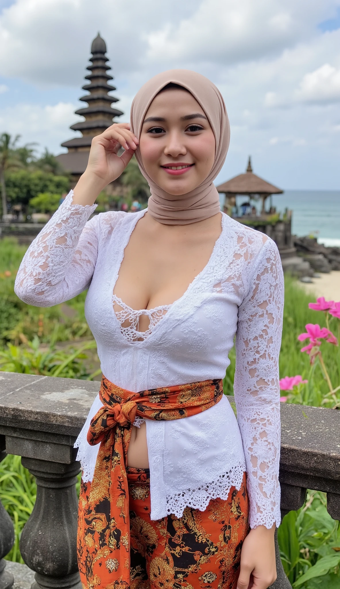 (masterpiece, best quality:1.2), 1 hijab girl, ((wearing hijab)), (large breast, cleavage cutout), Alone, flower,unbuttoned kebaya_Bali, white_kebaya_bali, mid shot, close up, stands on bridge, smiling, Bali temple background, beach
