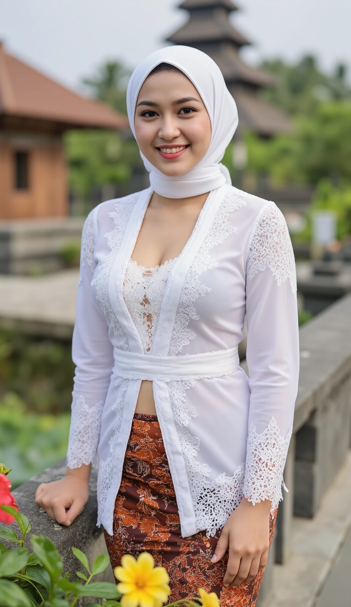 (masterpiece, best quality:1.2), 1 hijab girl, ((wearing hijab)), (large breast, cleavage cutout), Alone, flower,unbuttoned kebaya_Bali, white_kebaya_bali, mid shot, close up, stands on bridge, smiling, Bali temple background, beach
