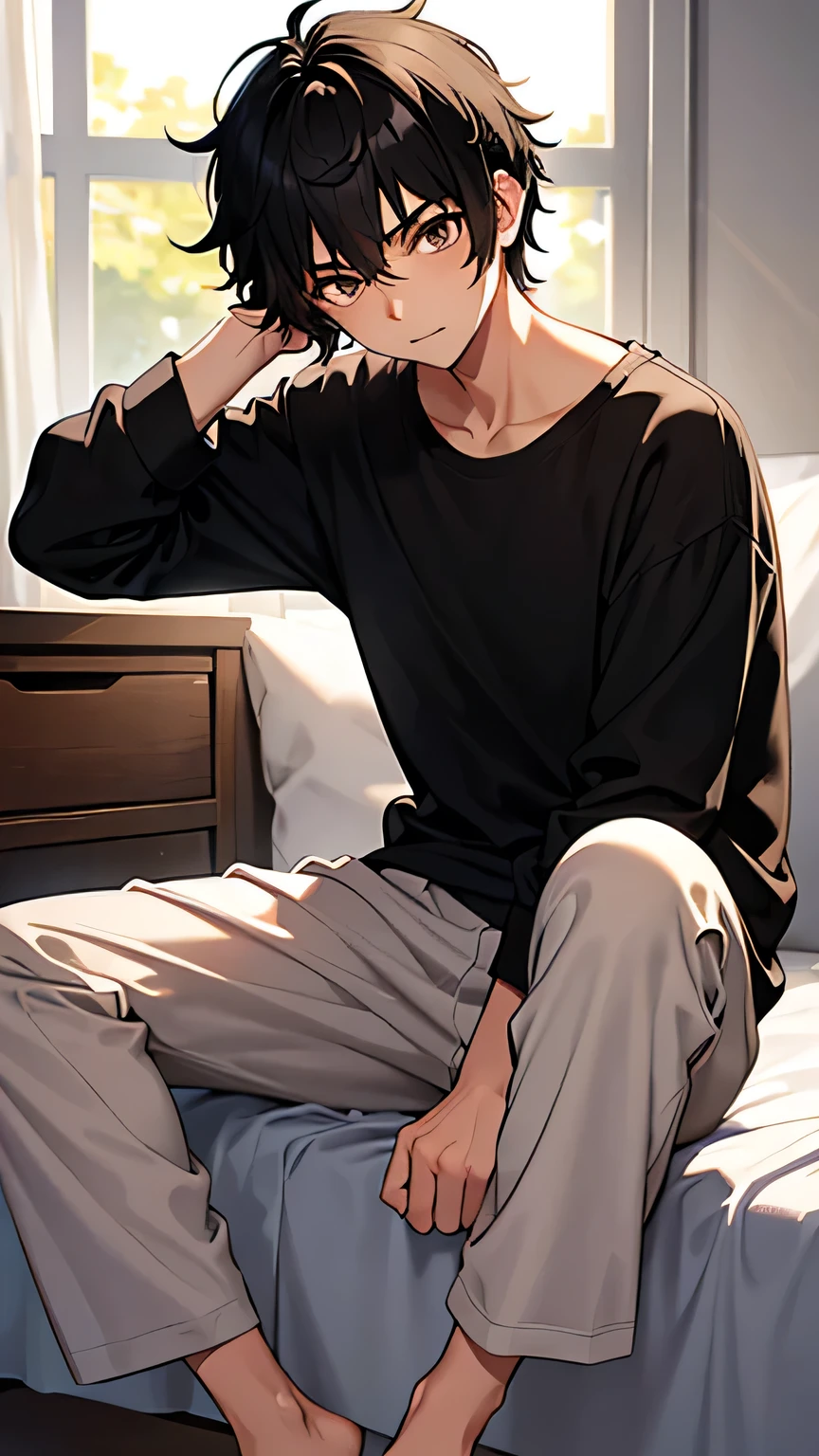 r with short, disheveled black hair. Brown eyes. He just woke up. He is on his bed, inside his messy room. He is wearing a loose black shirt and pajama pants. In the background there is a window where the sun's rays enter.