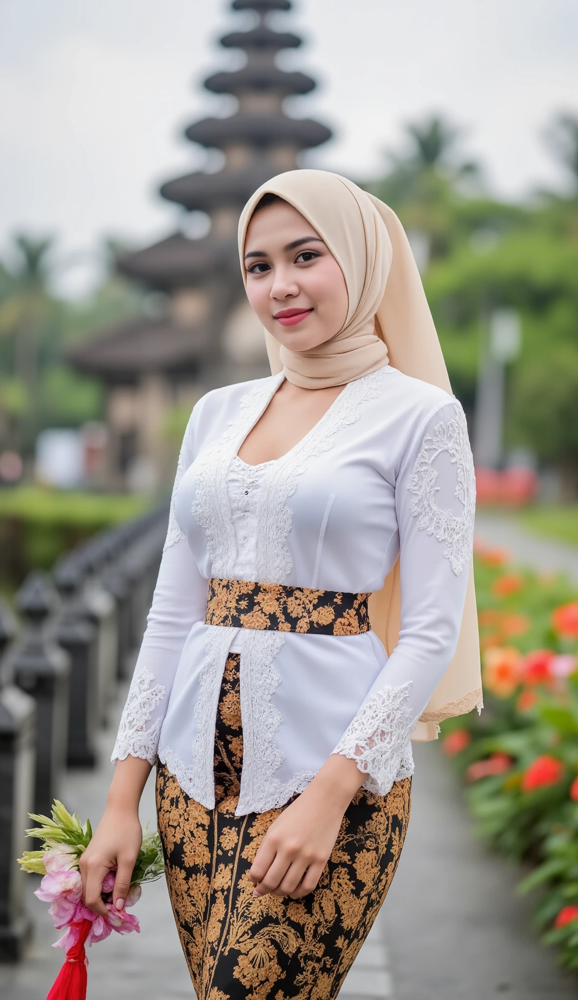 (masterpiece, best quality:1.2), 1 hijab girl, ((wearing hijab)), (large breast, cleavage cutout), Alone, flower,unbuttoned kebaya_Bali, white_kebaya_bali, mid shot, close up, stands on bridge, smiling, Bali temple background, beach
