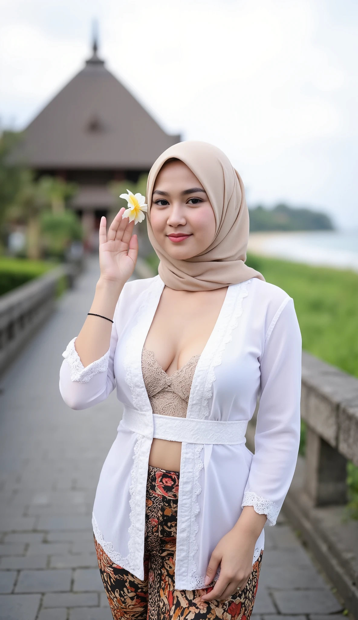 (masterpiece, best quality:1.2), 1 hijab girl, ((wearing hijab)), large breast, cleavage cutout, Alone, flower,unbuttoned kebaya_Bali, white_kebaya_bali, mid shot, close up, stands on bridge, smiling, Bali temple background, beach
