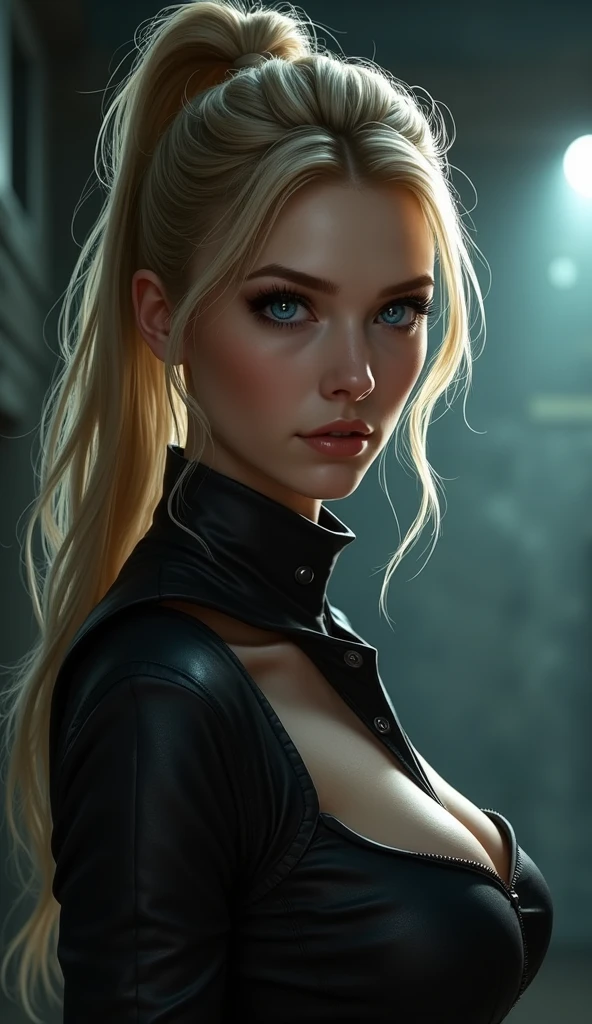 (masterpiece, best quality) 1.5, 1girl, solo, (sexy, beautiful woman, perfect face, perfect eyes), samus aran, black leather dress, (blue eyes, long blonde hair, ponytail)