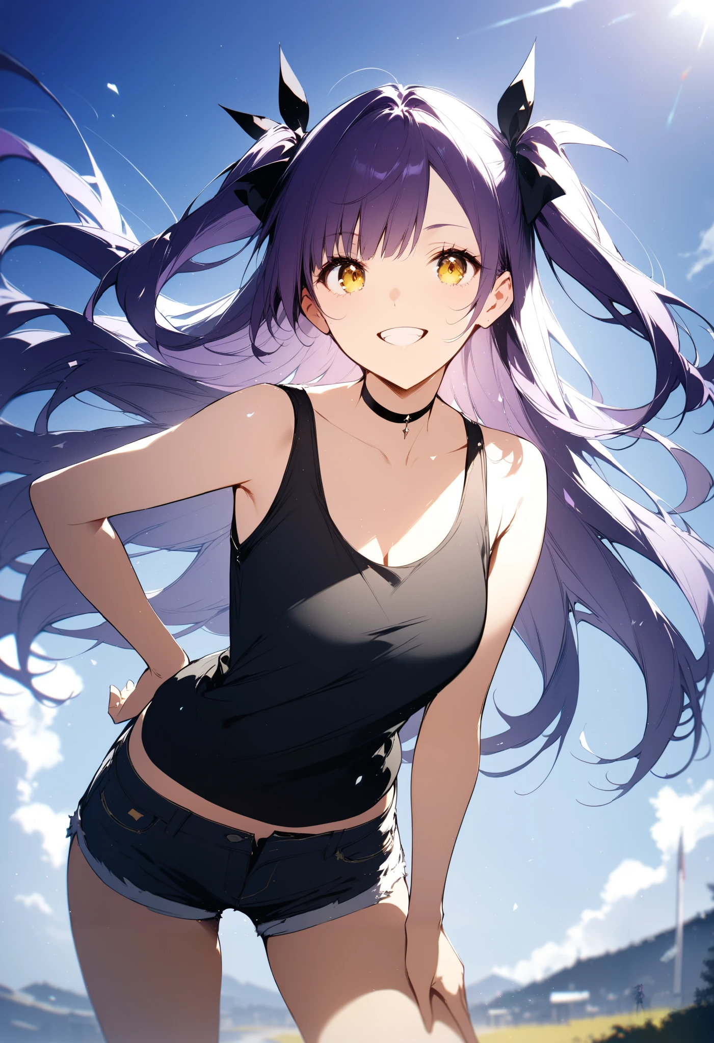 best quality, amazing quality, great quality, absurdres, 1girl, rella, purple hair, long hair, two side up, yellow eyes, black ribbon, choker, black tank top, short shorts, denim shorts, happy, grin, hand on own hip, looking at viewer, outdoors, floating hair