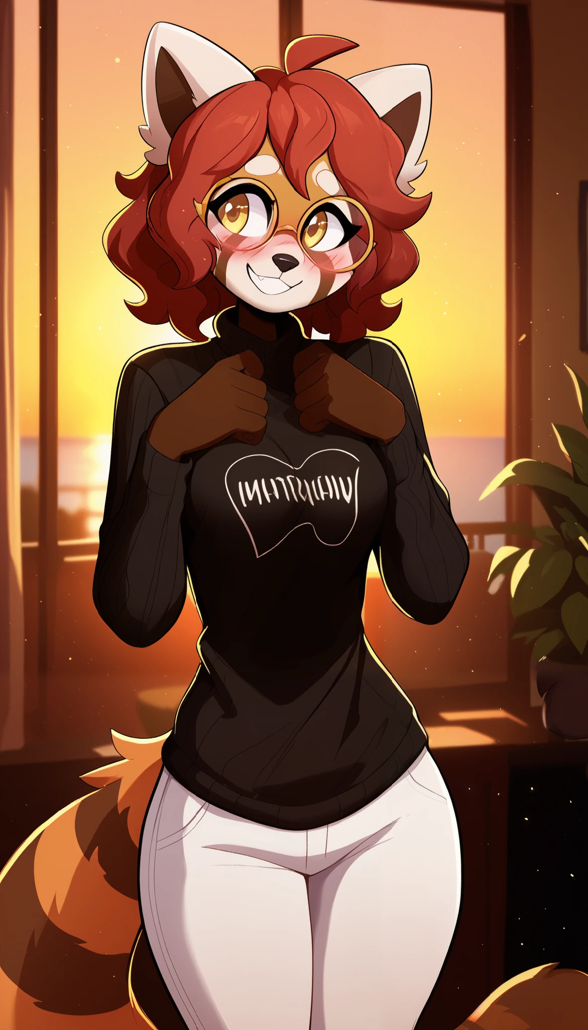 masterpiece, best quality, cute expression, shy expression, 1girl, anthro, furry, fur, fluffy fur, red panda girl, furry, red panda ears, animal nose, cute eyes, yellow eyes, red panda tail, red hair, medium hair, wavy hair, solo, (living room), sunset, detailed, black sweater, white pants, cute grin, head tilt, teenager (18 years), medium breast, thick thighs, hips, glasses, blush, looking at the viewer, (kilinah), light particles, score_9, score_8_up, score_7_up, score_6_up, score_5_up, score_4_up