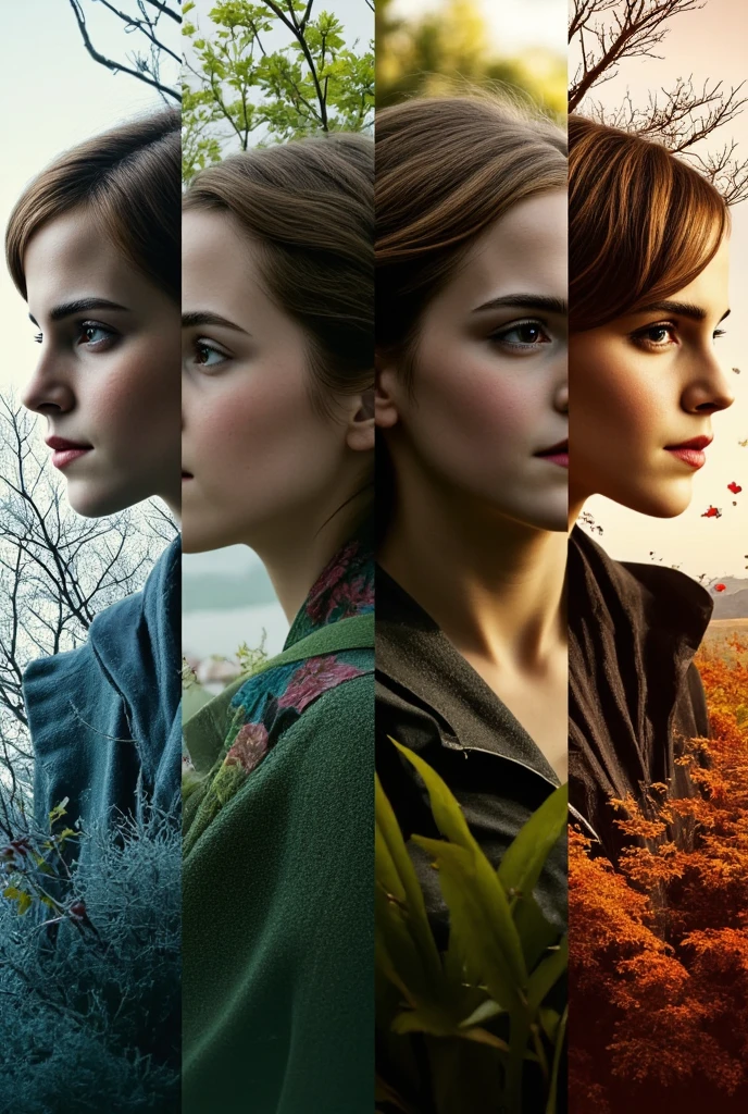 Hyper-realistic glitchcore surrealism: four razor-sharp vertical splits depicting seasons. cell one: Frosty crystalline winter, cell two: delicate pastel spring blossoms, cell three: lush verdant summer foliage, cell four: fiery autumn leaves. four double-exposed close-up silhouettes of Emma Watson blending in with the seasons. Two profile pictures looking left with the first two seasons.  Two profile pictures looking right with the last two seasons.  Ultra-high-resolution grain texture. Moody chiaroscuro lighting. Time's relentless march personified.
