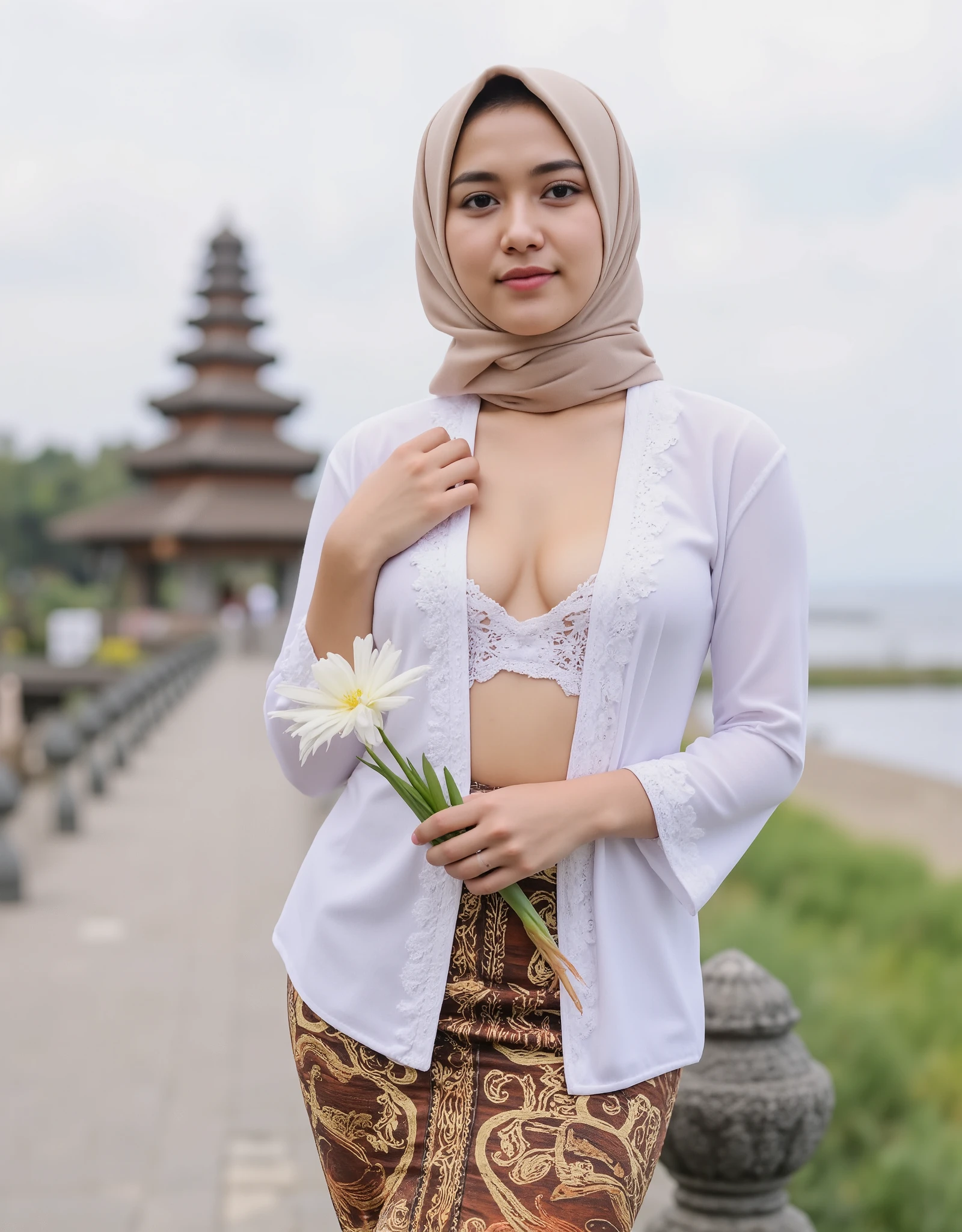 (masterpiece, best quality:1.2), 1 hijab girl, ((wearing hijab)), large breast, cleavage cutout, Alone, flower,unbuttoned kebaya_Bali, white_kebaya_bali, mid shot, close up, stands on bridge, smiling, Bali temple background, beach
