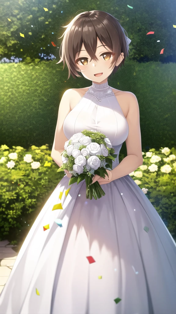 masterpiece, best quality, high quality, girl, solo, looking at viewer, mizuto_irido, brown eyes, brown hair, hair between eyes, large breasts, wedding Dress, standing, garden, confetti, holding bouquet, smile, open mouth,