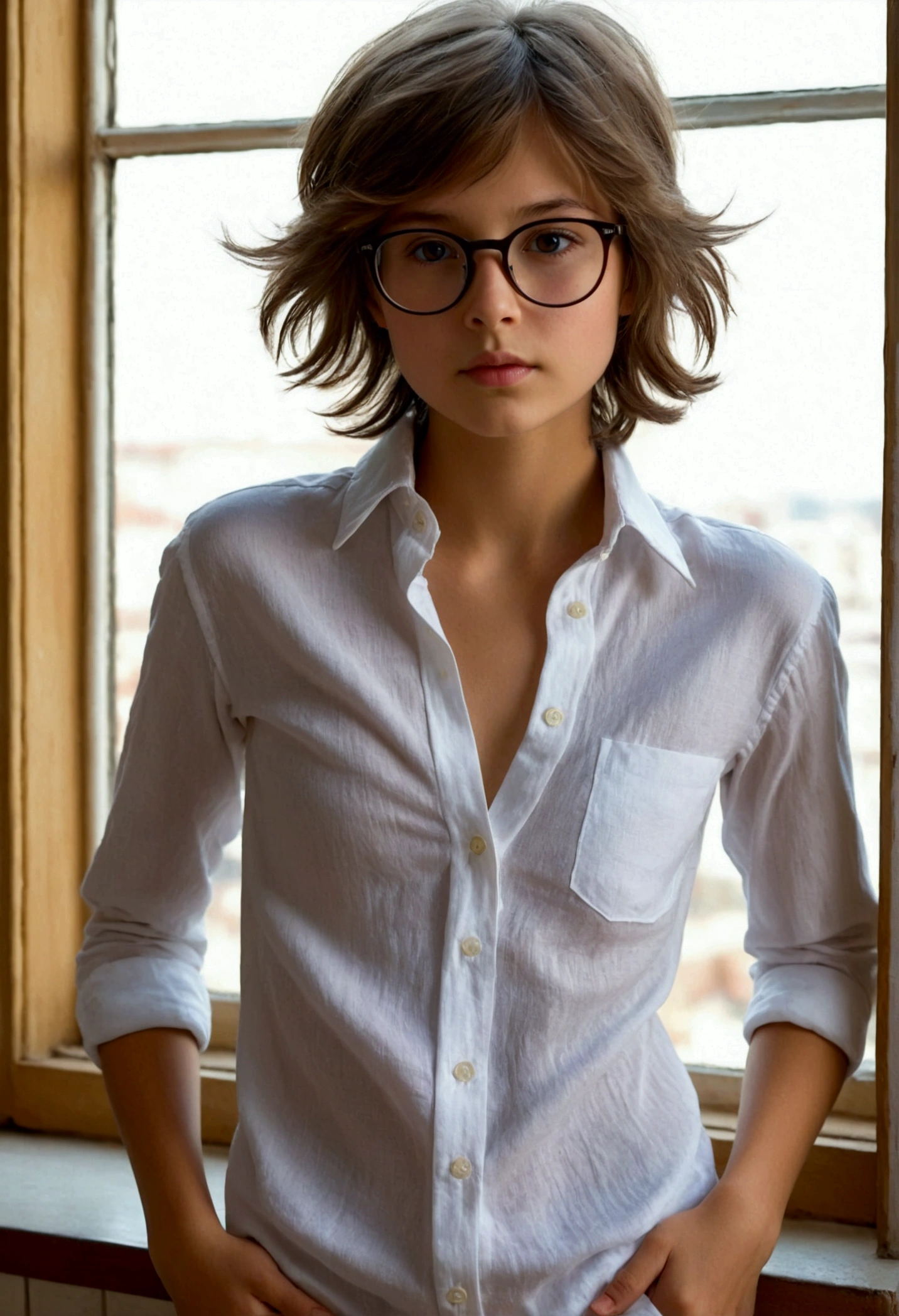 Masterpiece of realiatic photography, high quality, shaded tones; Appearance: the cute tomboy girl Nika whose age is older than the universe itself with nice natural chestnuts has short Brown disheveled and very shaggy hair, with small stature, with a slighly tanned skin and rounded face. Sensual lips, proportional beautiful small nose. In glasses. a deep, penetrating to the depths of soul, infinitely wise and absolutely indifferent bored look from the dark brown eyes of an immortal being who saw the birth of the universe on the absolutely young innocent face of a girl of about twenty-eight. virgin smooth pubis and toned abs. she wears only a simple white linen fully unbuttoned oversize boyish shirt too big for her petite height on naked body without underwear. Barefoot. the whole body completely including the legs.with an absolutely indifferent look, she walks barefoot in a completely unbuttoned and open linen men's shirt too big for her petite height thrown over a completely naked body in the crowded megapolis 