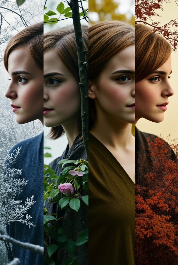 Hyper-realistic glitchcore surrealism: four razor-sharp vertical splits depicting seasons. cell one: Frosty crystalline winter, cell two: delicate pastel spring blossoms, cell three: lush verdant summer foliage, cell four: fiery autumn leaves. four double-exposed close-up silhouettes of Emma Watson blending in with the seasons. Two profile pictures looking left with the first two seasons.  Two profile pictures looking right with the last two seasons.  Ultra-high-resolution grain texture. Moody chiaroscuro lighting. Time's relentless march personified.
