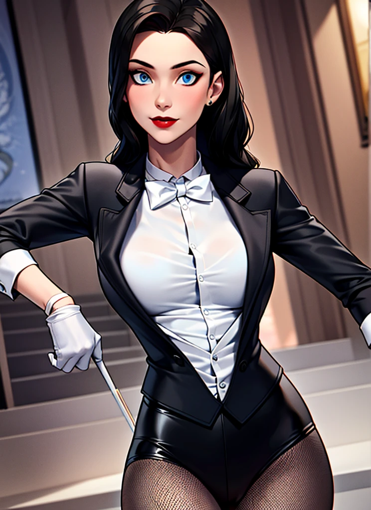 ((best quality)), ((highly detailed)), masterpiece, absurdres, (detailed eyes, deep eyes), (1girl), dutch_angle, upper body, zatanna, black hair, long hair, blue eyes, medium breasts, red lips, smiling, white shirt, black bowtie, black jacket, top hat, leotard, fishnets, fishnet pantyhose, skindentation, white gloves, high heels, (inside, in a stairway)