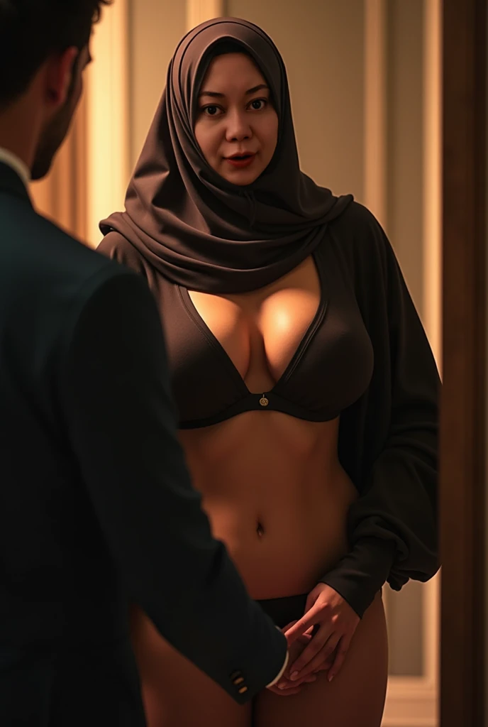 African black man lifting a pale skin Russian woman in straight hijab in room  