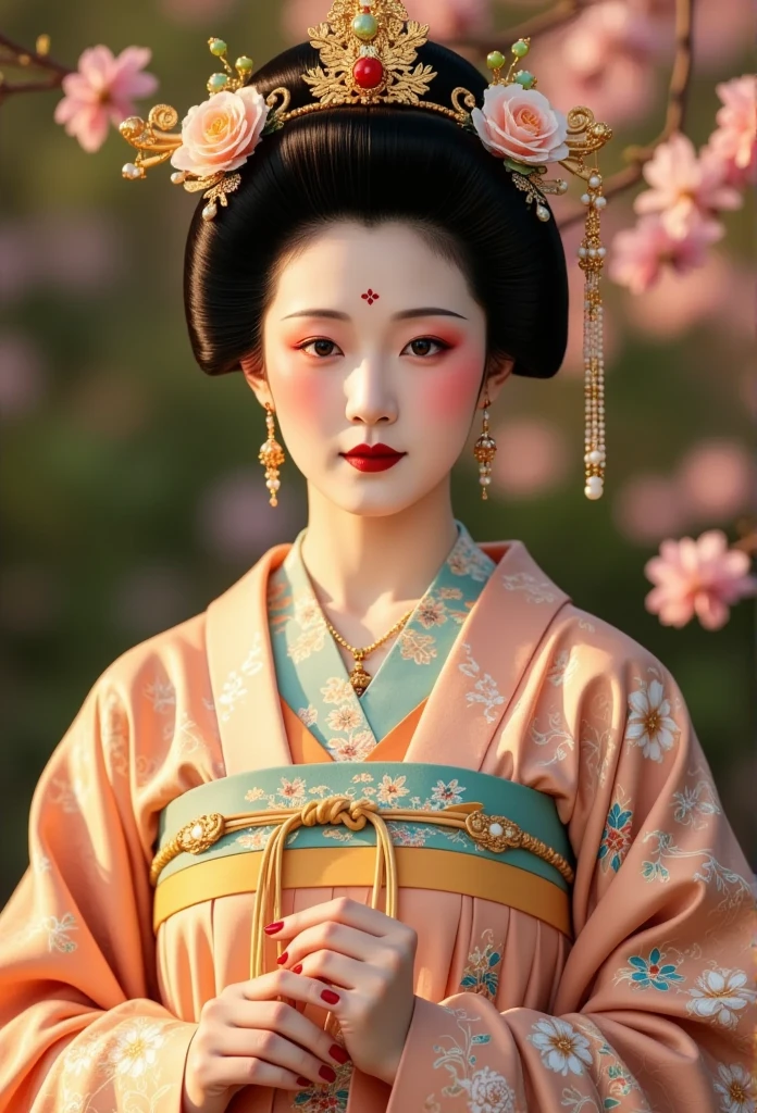 a beautiful japanese geisha girl, flower headdress, elaborate kimono, graceful posing, intricate hair ornaments, delicate porcelain skin, elegant facial features, serene expression, traditional japanese garden, cherry blossom trees, detailed foliage, golden light, high contrast, cinematic lighting, photorealistic, 8k, detailed painting