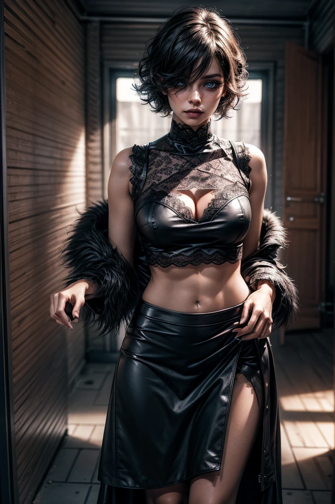 lora_Emma, a girl with short black curly hair, wearing a long multi-layer raffled asymmetric low-leg flared leather skirt, ((white lace top)), wearing open black long leather trench coat with fur cuffs and fur collar, long fingerless leather gloves, detailed facial features, bare belly, (navel piercing), cleavage, black nail polish, hair over one eye, beautiful eyes, cute expression, glamorous makeup, dramatic lighting, photorealistic, highly detailed, 1girl, beautiful detailed eyes, beautiful detailed lips, extremely detailed eyes and face, long eyelashes, high fashion, edgy, dark and moody, intense, cinematic, chiaroscuro lighting, cinematic composition, stunning, mesmerizing, sunlight, dynamic pose, cinematic lighting, photorealistic, 8k, high quality, digital painting, concept art, cowboy shot, standing inside empty home