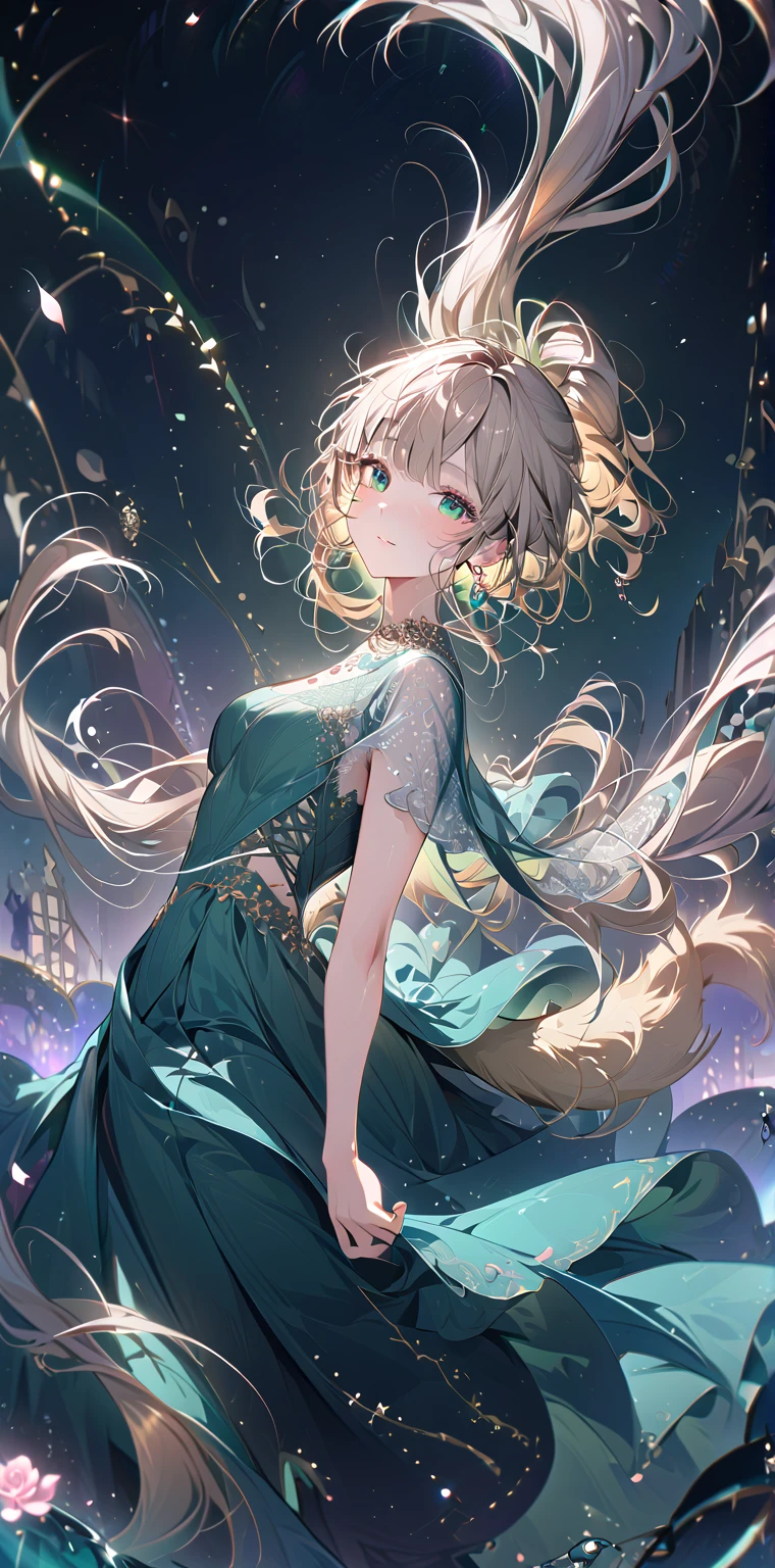 1girl, Rose gold blonde hair, absurdly long wavy hair ponytail, emerald green eyes, fox tail, small mouth, slender body, large breast, lace long dress, ribbons swaying, white background, blooming pale pink flowers, petals dancing in the wind, transparent water surface reflecting the flower colors, soft light enveloping the scene, dreamlike atmosphere, contrapposto, gentle smile, look at viewer, soft focus, lens flare, masterpiece, best quality, pastel tones, lace details, ultra-detailed texture, perfect composition, high resolution, sharp focus, delicate brushwork, Vector Art, 2D flat, sleek design, AddXL, Dream Scenery, deep dark tones, vibrant accents, lace-patterned details, simple shapes, flat colors, additional XL elements, and a dreamy, fantastical scenery,