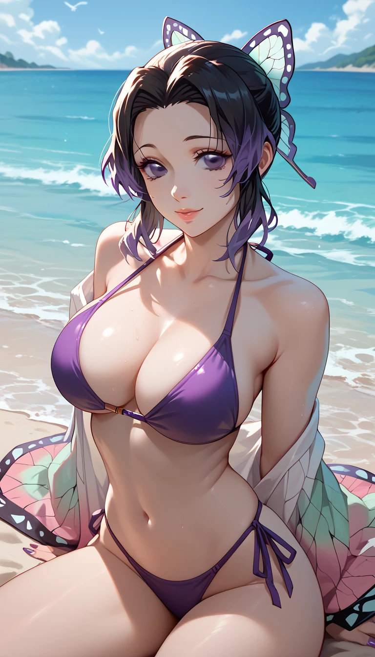 shinobu, purple sexy bikini ,  Big breasts,  sexy pose on beach 