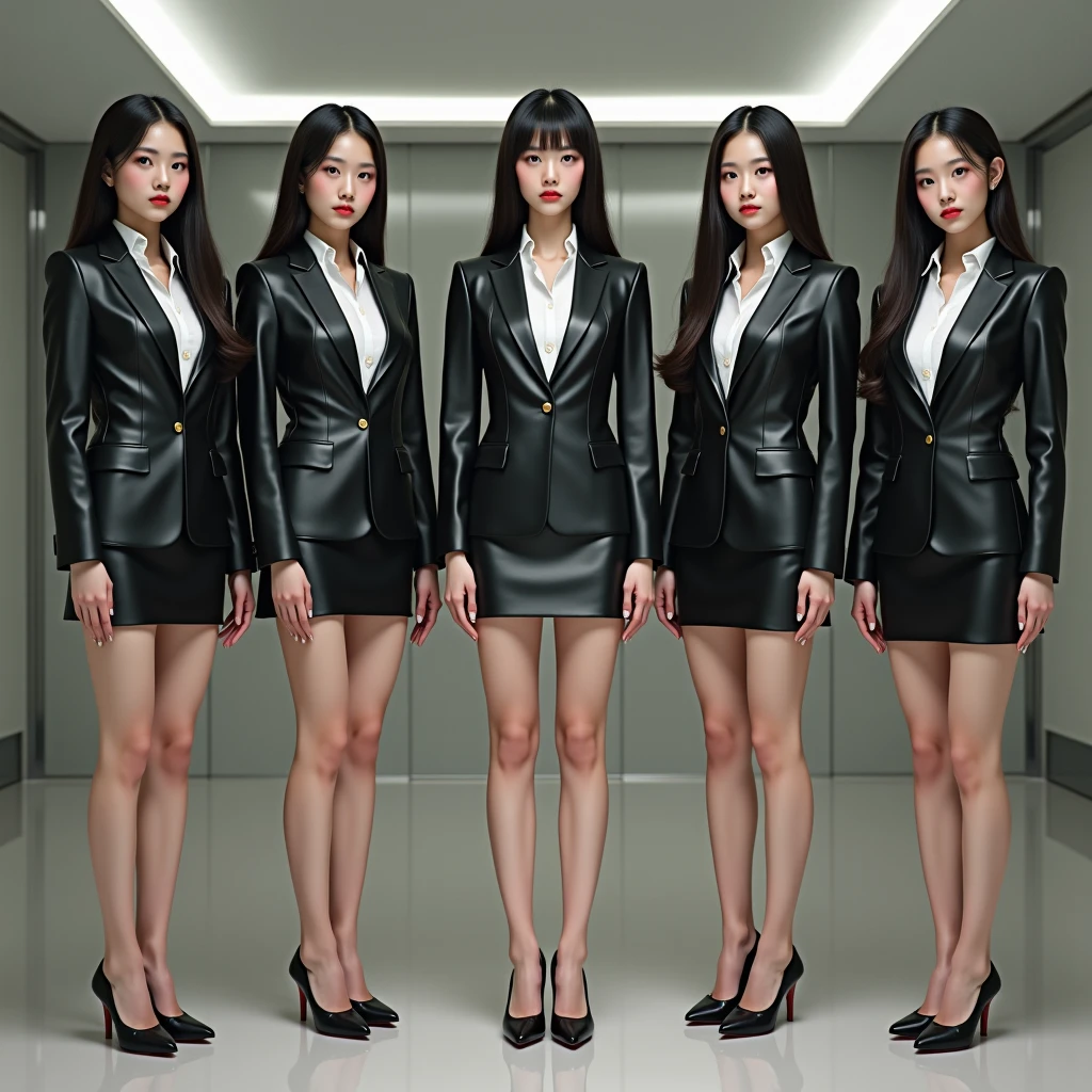 (masterpiece, best quality, raw photo, photo realistic, 8K), perfect anatomy, Realistic Japanese beautiful actress, realistic Japanese elderly man, detailed clothes, full body, (3 women), Hotel, event venue stage, ((Beautiful announcers wearing glossy white leather tight stand in a line.)), Extremely short micro miniskirt, black hair, half up hair, short back hair, Horizontal division。 Shiny satin golden long sleeve round collar blouse, (Black Blazer Jacket), ((high heel pumps)), narrow face, slender body, smile, focus on women, narrow your eyes, from below, Whiteboard