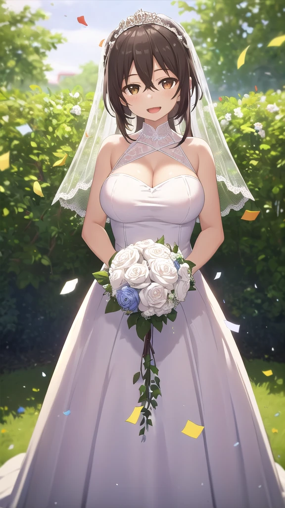 masterpiece, best quality, high quality, girl, solo, looking at viewer, mizuto_irido, brown eyes, brown hair, hair between eyes, large breasts, wedding Dress, standing, garden, confetti, holding bouquet, smile, open mouth,